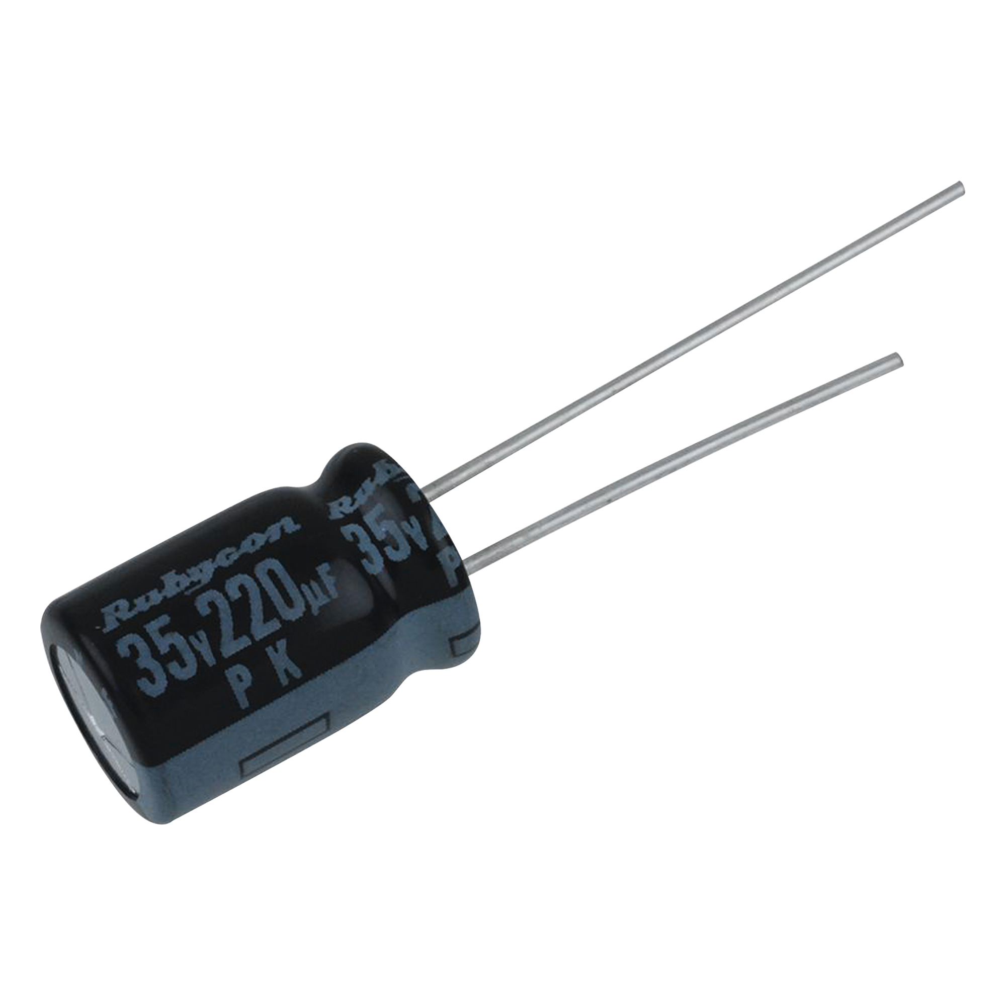 Capacitor Electrolítico Radial en Aluminio de 220 µFd, 35 Vcc, 105 °C, 10 x 12.5 mm. — SYSCOM · SKU 0220M0035V