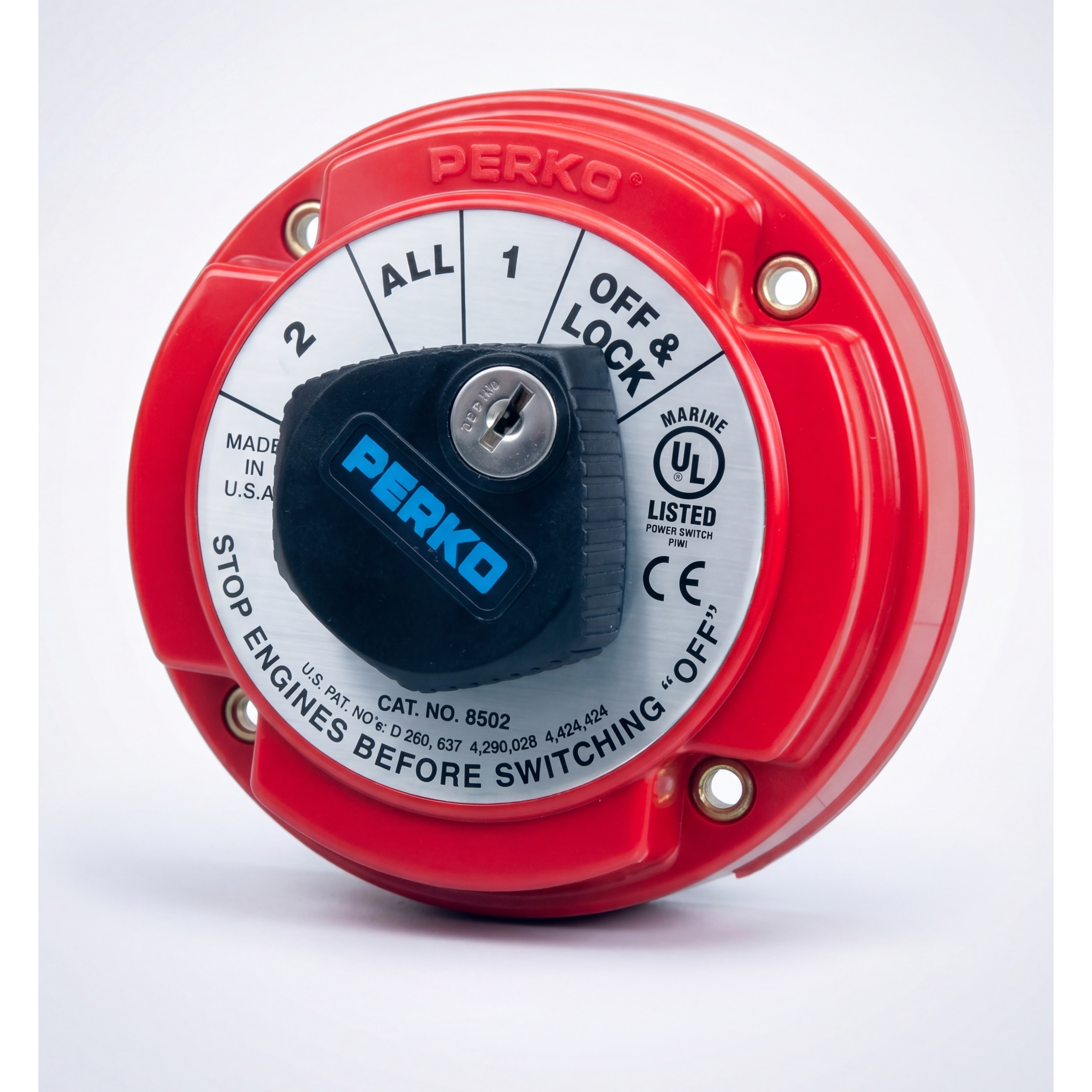 Switch Selector de Batería Marina PERKO 8502 con Llave / 250A Continuos 360A Intermitentes / 6-32 VCC / Selector 1-2-Both-Off / Bloqueo con Llave / Encendido Protegido