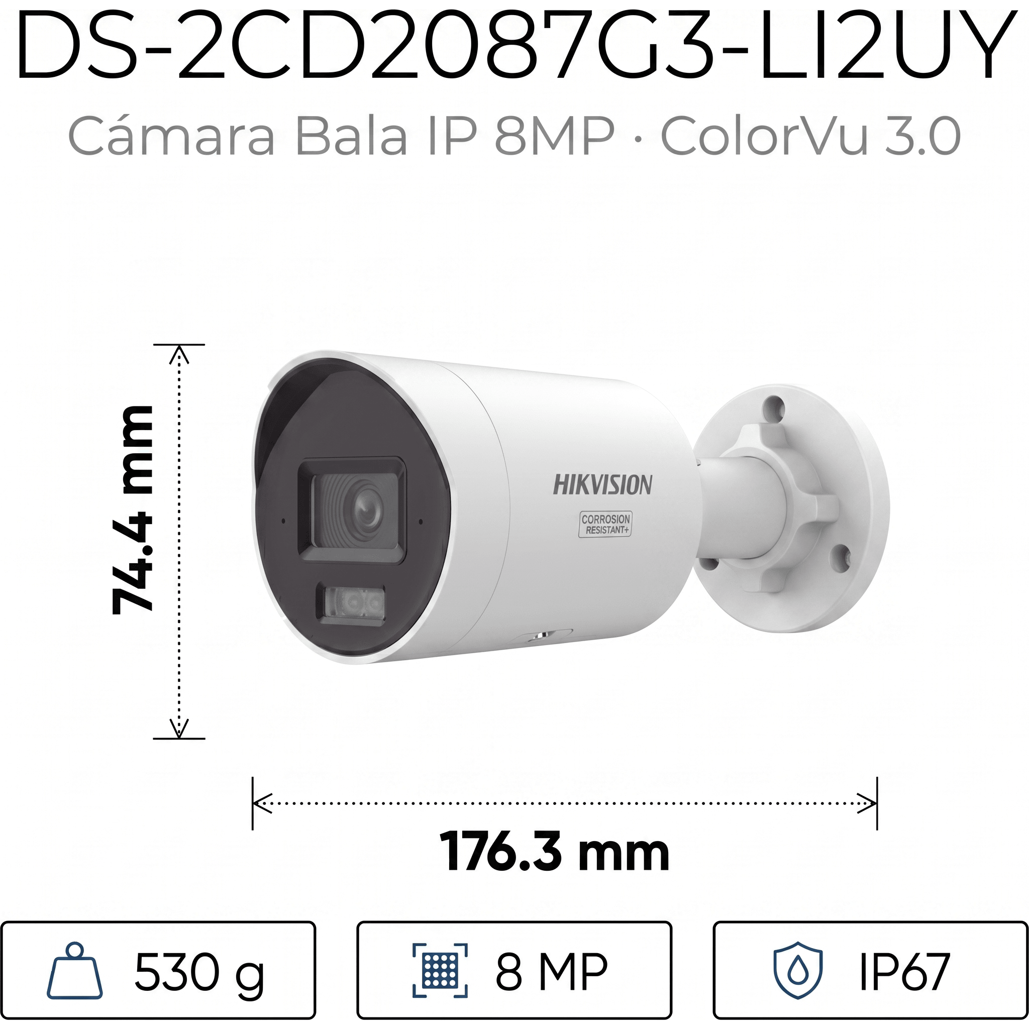 [Dual Light + ColorVu 3.0 + HikAI] Bala IP 8 Megapixel / Lente 2.8 mm / 40 mts IR + Luz Blanca / 2 Microfonos Integrados / Exterior IP67 / WDR 130 dB / ACUSENSE 3.0 / Metal / NEMA 4X / ACUSEEK