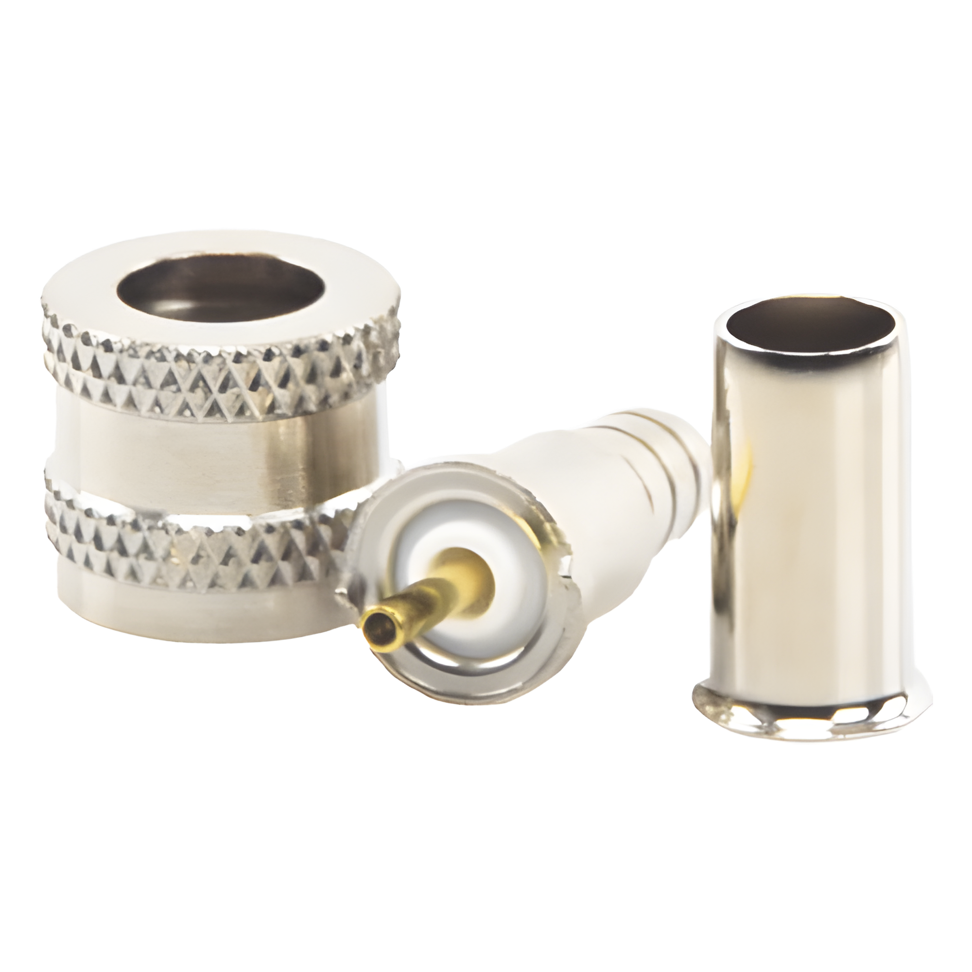 Conector Mini UHF Macho, 50 Ohm, de Anillo Plegable para Cables RG-58/U, RG-142/U, Niquel/Oro/Delrin. — RF INDUSTRIES,LTD · SKU RFU-600-1