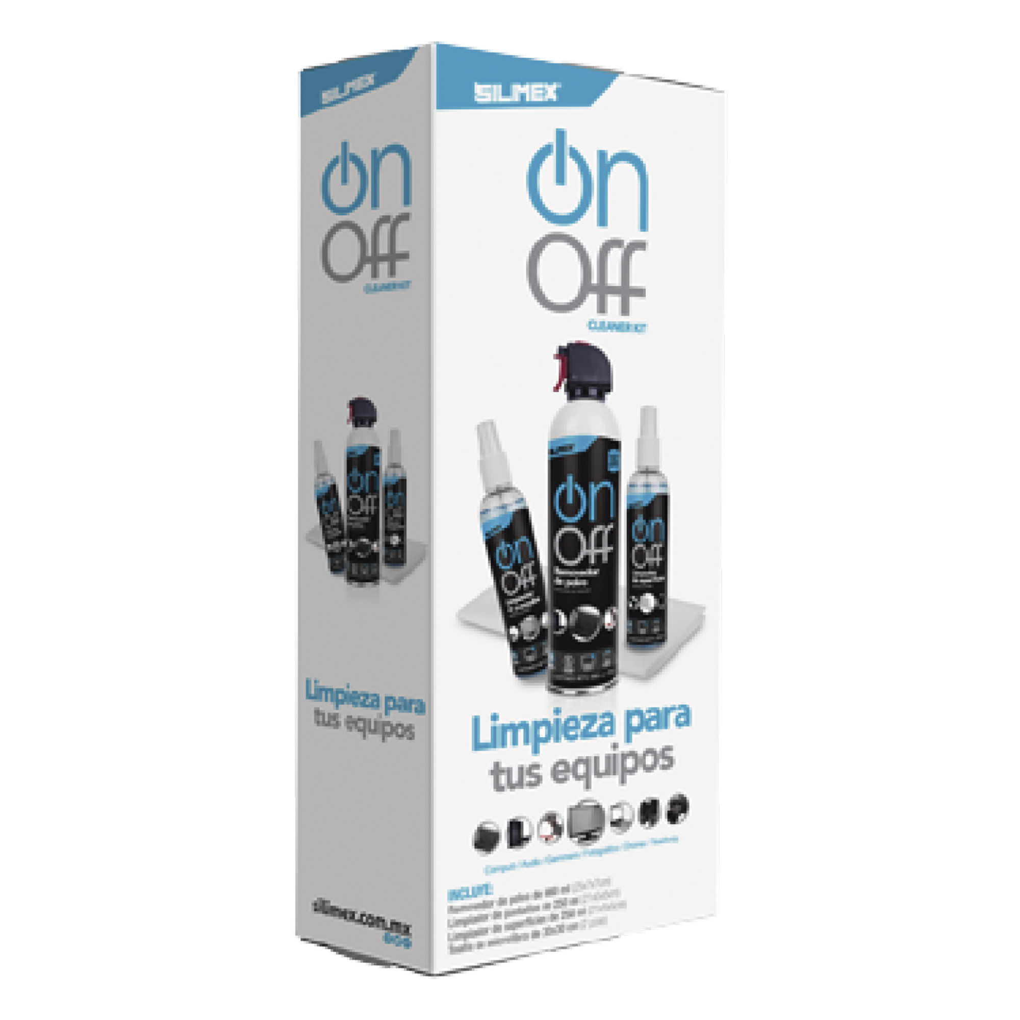Kit de Limpieza, incluye 4 productos especializados en limpieza de pantallas y superficies, equipo de cómputo y electrónicos — SILIMEX · SKU ON-OFF-CLEANER-PACK