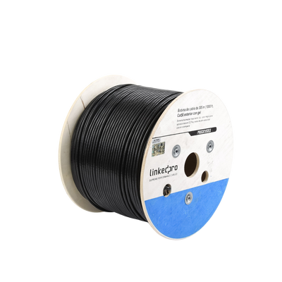 Bobina de Cable de 305 Metros (1000 Pies), Cat5E, con Gel, para Intemperie, Doble Forro Extrema Humedad, Bajo Tierra, UL, Color Negro para Aplicaciones en Video Vigilancia, y Redes de Alta Velocidad.