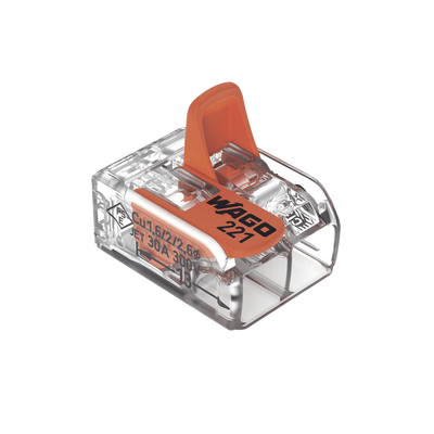 Borne de Conexión con Palancas / Serie 221 / 6 mm² Máximo / 30 A / 300 V / Transparente / T85 / CAGE CLAMP® / Conexión Lateral — WAGO · SKU 221-612