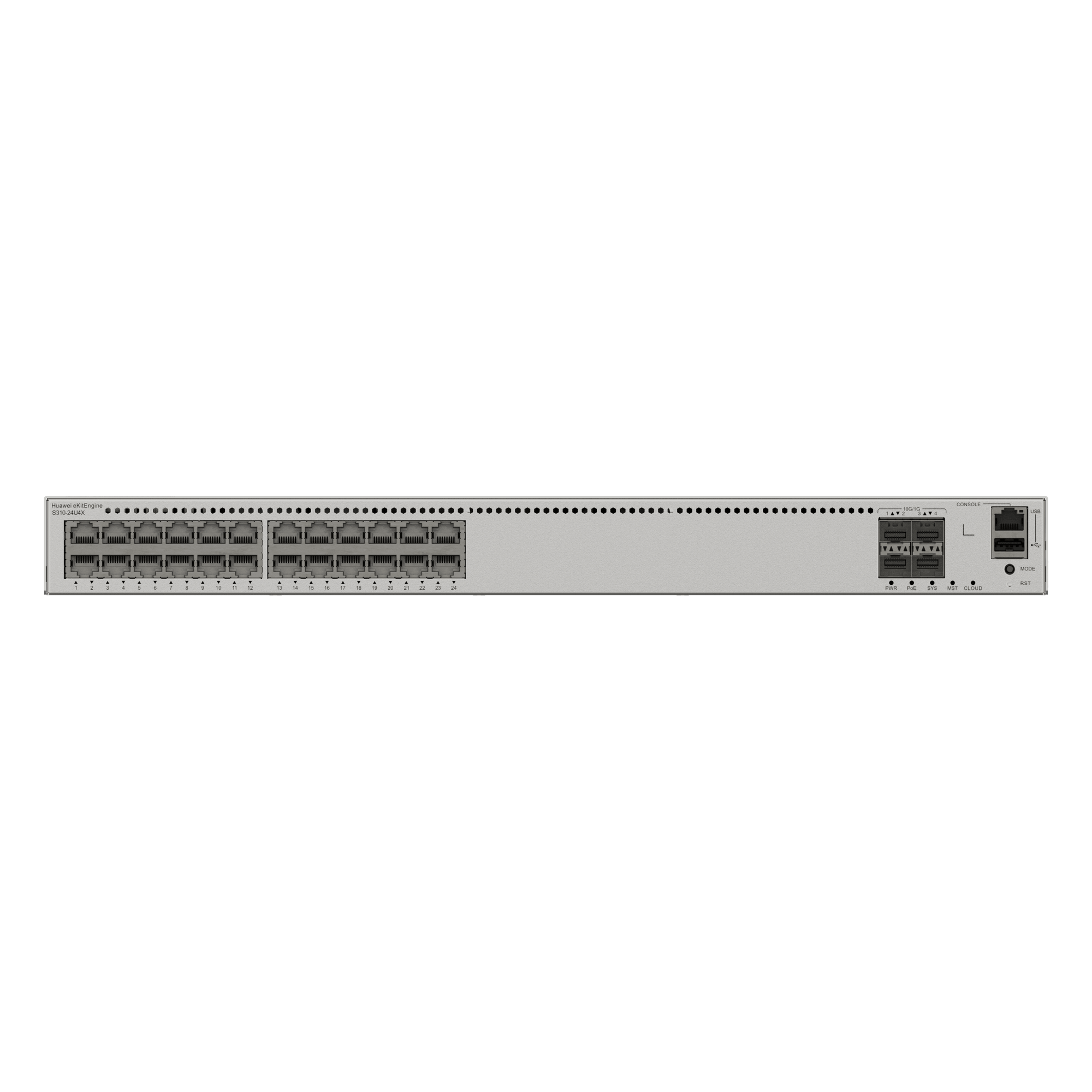 Switch eKit Distribución/Acceso Administrable Capa 3 / 24 Puertos Gigabit PoE++ & 4 Puertos SFP+ 10 Gbps / PoE Budget 2,268 W / Soporta iStack / Gestión Gratuita desde la Nube / Sin Licenciamiento — HUAWEI · SKU S310-24U4X