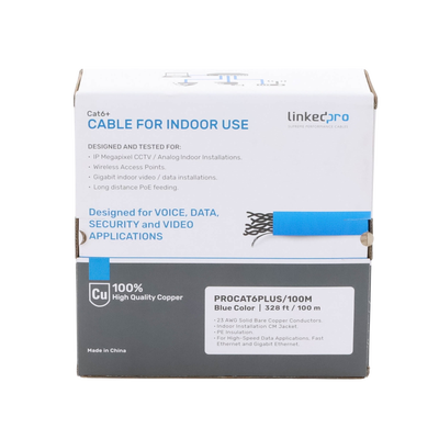 Cable Cat6+ Calibre 23 Alto Rendimiento, ETL, UL, Color Azul, de 100 Metros (328.08 Pies), Super Flexible, para Aplicaciones de CCTV, Video HD, y Redes de Datos.