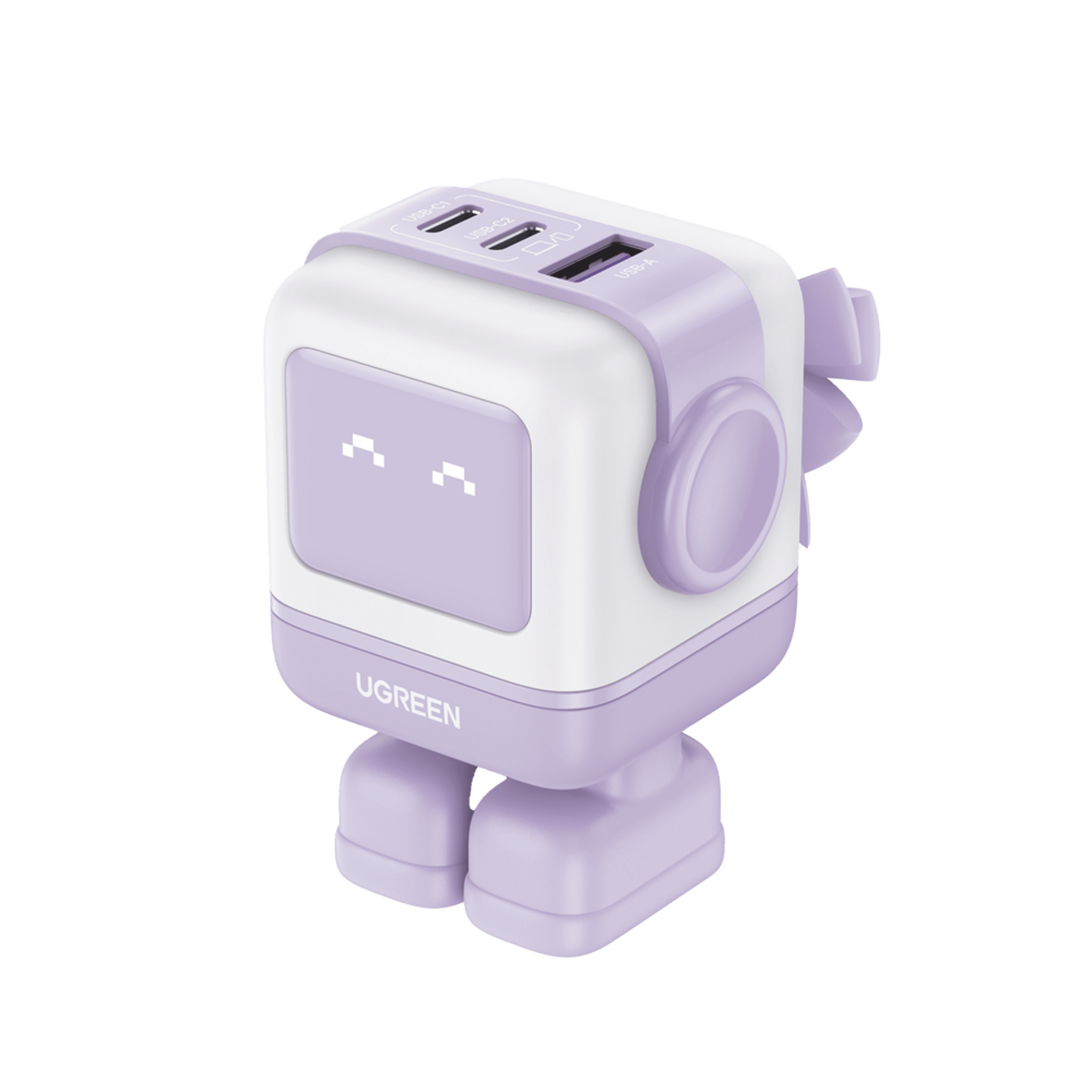 Cargador RobotGaN de 65W Serie UNO | 3 Puertos de Carga Rápida | 2 USB-C | 1 USB-A | PD 3.0 | QC 4.0 | Carga Inteligente | Tecnología GaN II | Zapato Magnético Extraíble | Carcasa Ignífuga | Pantalla LED