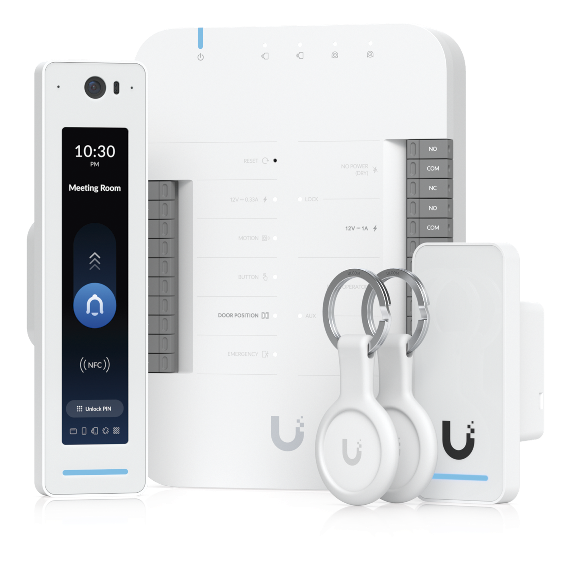 UniFi Access Kit de Inicio Gen2 Profesional para 1 puerta, (1) Lector NFC con pantalla táctil, audio 2 vías y cámara / (1) Lector NFC y de movimiento UA-G2 / Hub para conexiones para controlar una puerta con salida POE y energizar acc — UBIQUITI · SKU UA-G2-SK-PRO