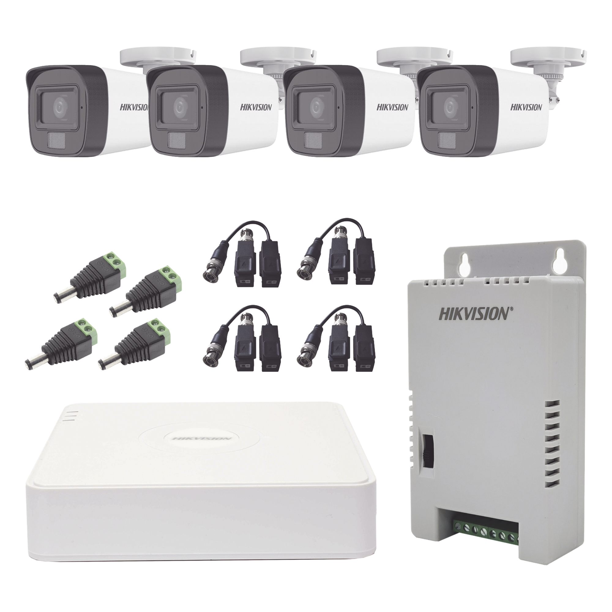 Kit TURBOHD 1080p / DVR 4 Canales / 4 Cámaras con Micrófono Integrado y 101° Visión / Luz Blanca + IR Visión Nocturna / Transceptores / Conectores / Fuente de Poder Profesional Compacta — HIKVISION · SKU KH1080P4BSFH