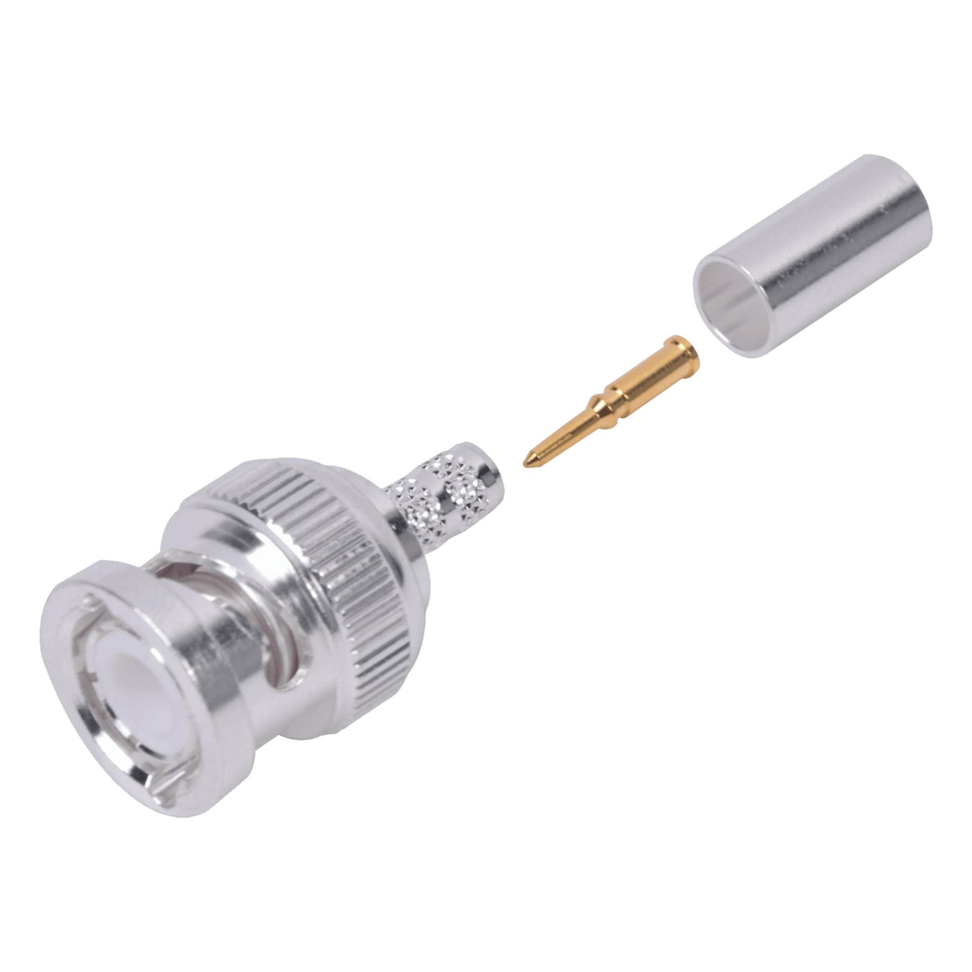 Conector BNC Macho de Anillo Plegable para Cable LP-142, LP-195, LMR-195, RG-58/U, RG-142/U, Plata/Oro/Teflón. — RF INDUSTRIES,LTD · SKU RFB-1106-2ST