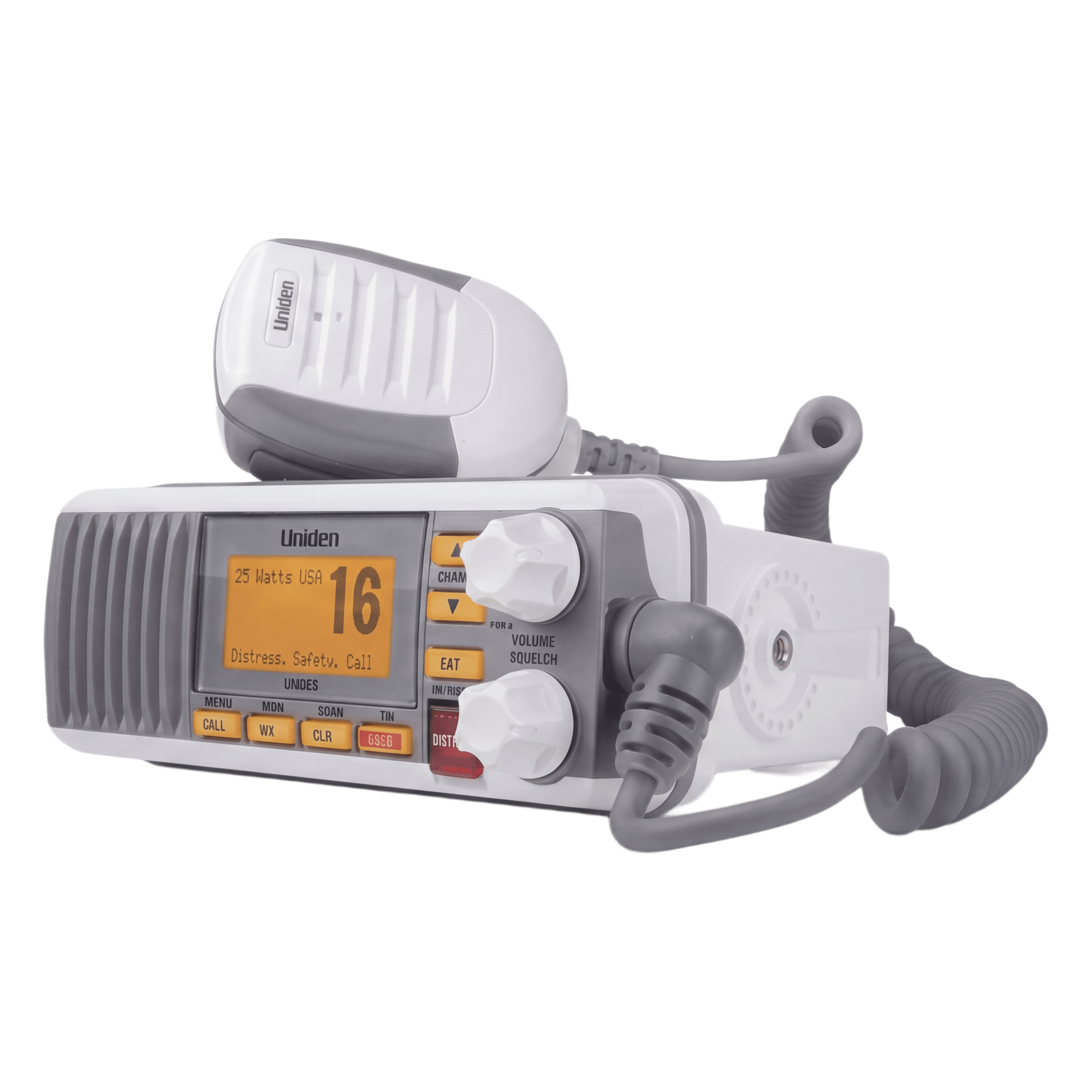 Radio Móvil Marino VHF / 25W / IPX4 / DSC Clase D con GPS / Pantalla LCD / Blanco — UNIDEN · SKU UM-385