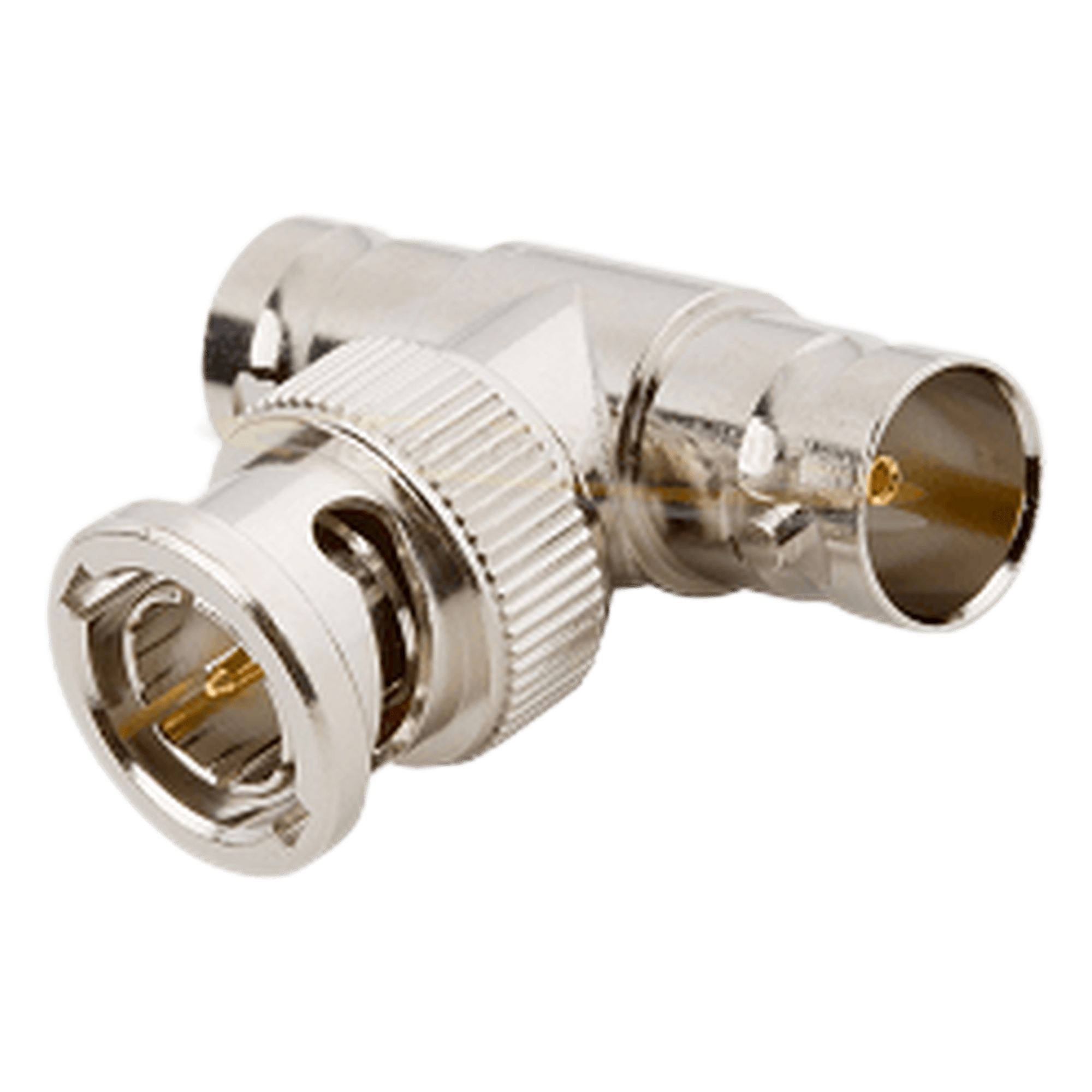 Adaptador en T para 50 Ohm de BNC Macho a Doble BNC Hembra, Troquelado, Níquel/ Oro/ Delrin. — RF INDUSTRIES,LTD · SKU RFB-1130-1