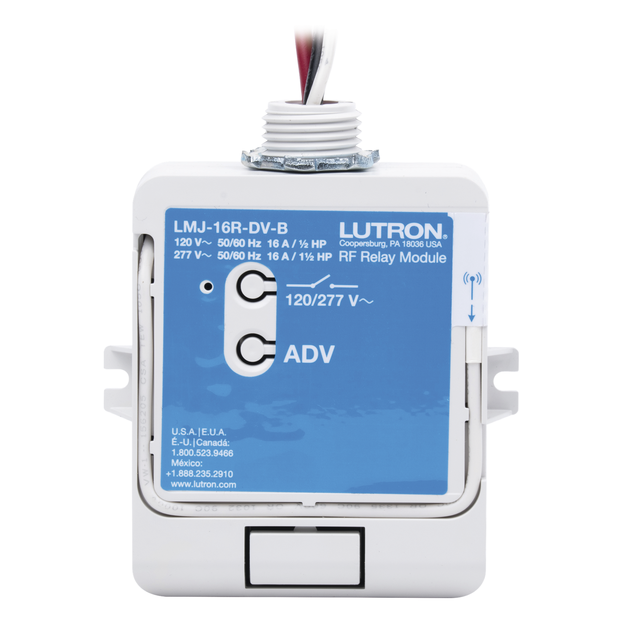Módulo de relé de radiofrecuencia con tecnología Softswitch, conmuta hasta 16 A de propósito general, 120/277 V, apto para plenum, compatible con RA2 Select, RadioRA 2 y HomeWorks — LUTRON ELECTRONICS · SKU LMJ16RDVB