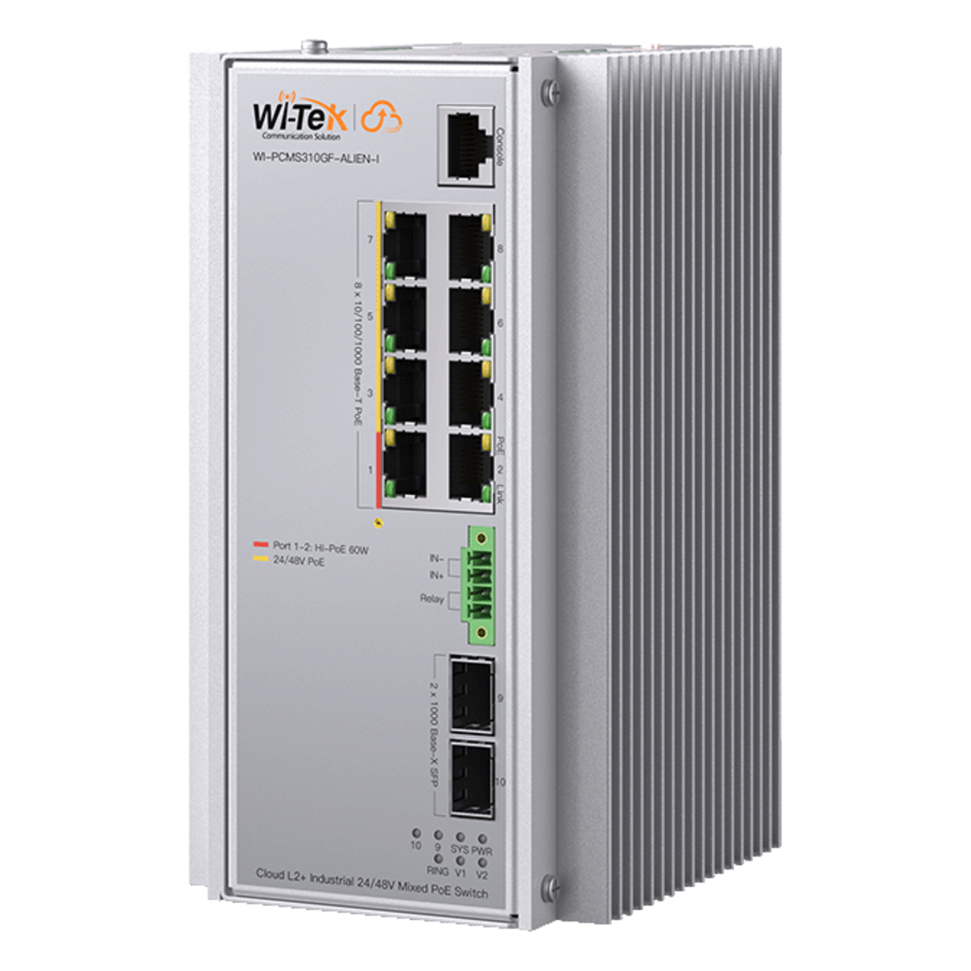 Switch Industrial Administrable Gigabit con 2 Puertos PoE bt + 6 Puertos PoE af/at o 24 V Pasivo + 2 SFP Gigabit, 240 W — WI-TEK · SKU WI-PCMS310GF-ALIEN-I
