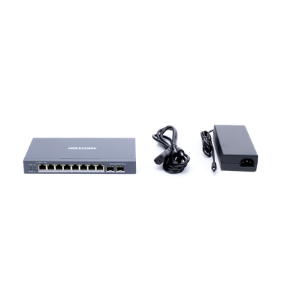 Switch Gigabit PoE+ / Administrable / 8 Puertos Gigabit PoE+ / 2 Puertos SFP / Configuración Nube Hik-Partner Pro / Modo Extendido hasta 300 Metros / 110 W