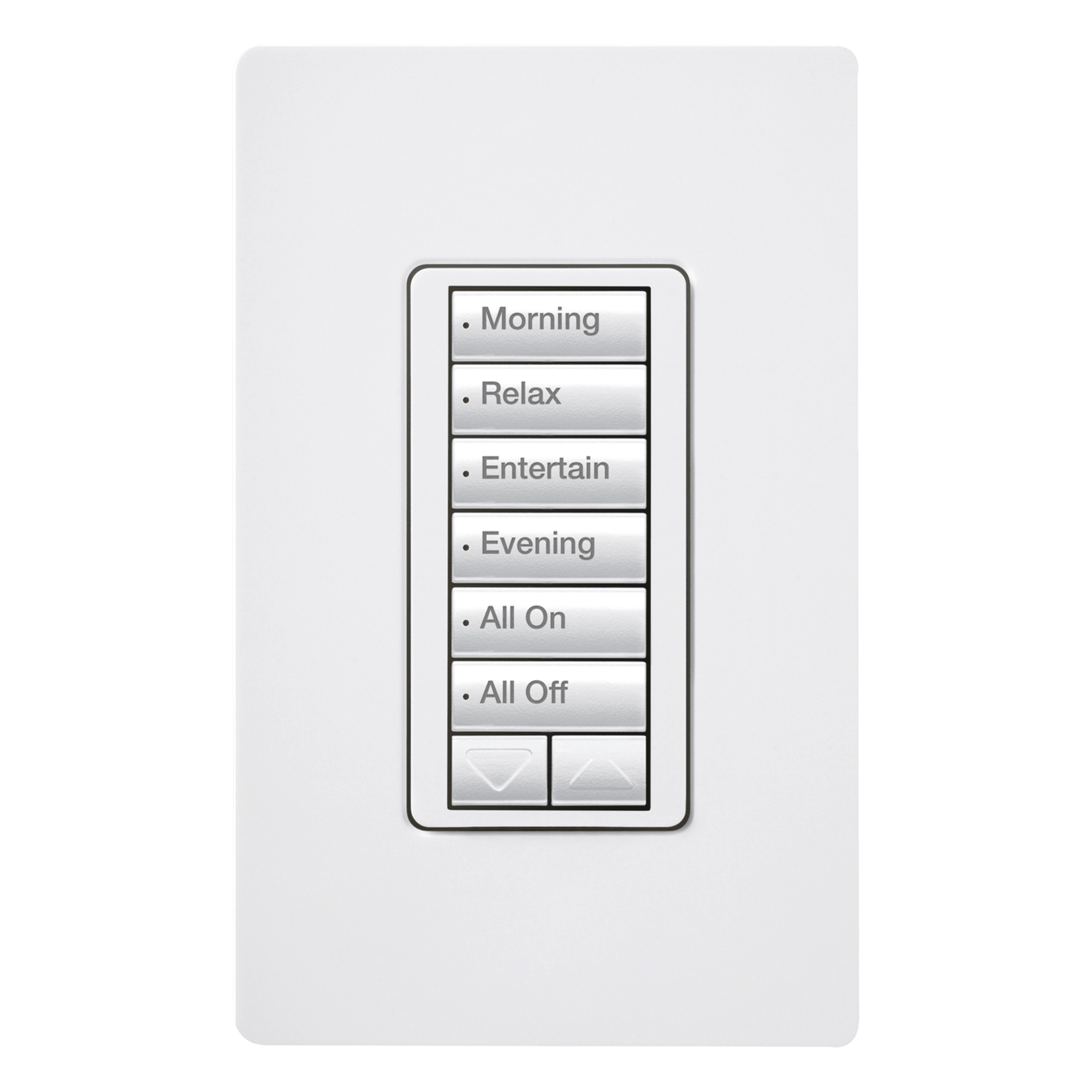 Botonera de pared inalámbrica de 6 botones con subir/bajar, retroiluminada, 120 V, color blanco, para el sistema de control de iluminación RadioRA 2 — LUTRON ELECTRONICS · SKU RRDW6BRLWH