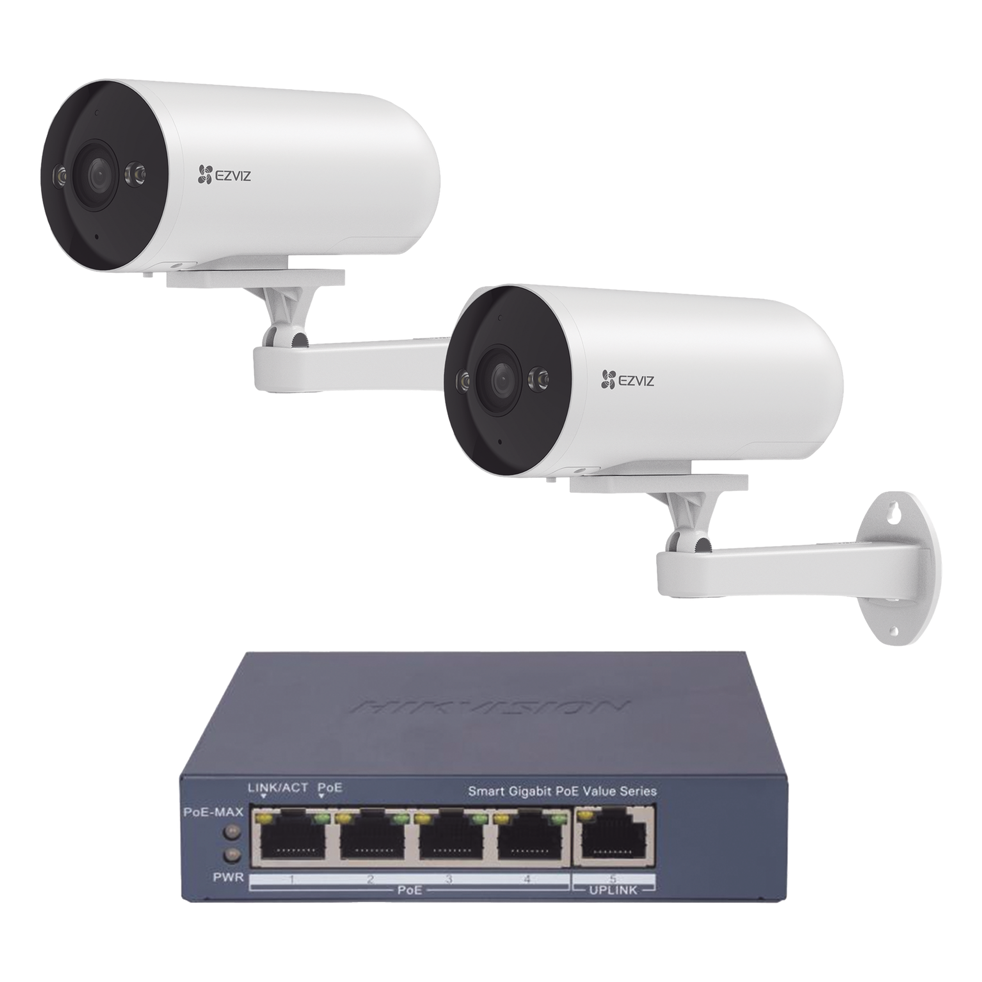 Kit de cámaras PoE Para Uso en Exterior / PoE Estandar Af / 2 piezas CS-H5/3MP/ 1 Pieza de Switch DS-3E1505P-EI/M / Vision Nocturna a Color / IP67 / Audio Bidireccional / Luz y Sirena / 4 Puertos 1000 Mbps PoE+ / 1 Puerto 1000 Mbps Uplink — EZVIZ · SKU CS-H5/3MP/POE/KS2