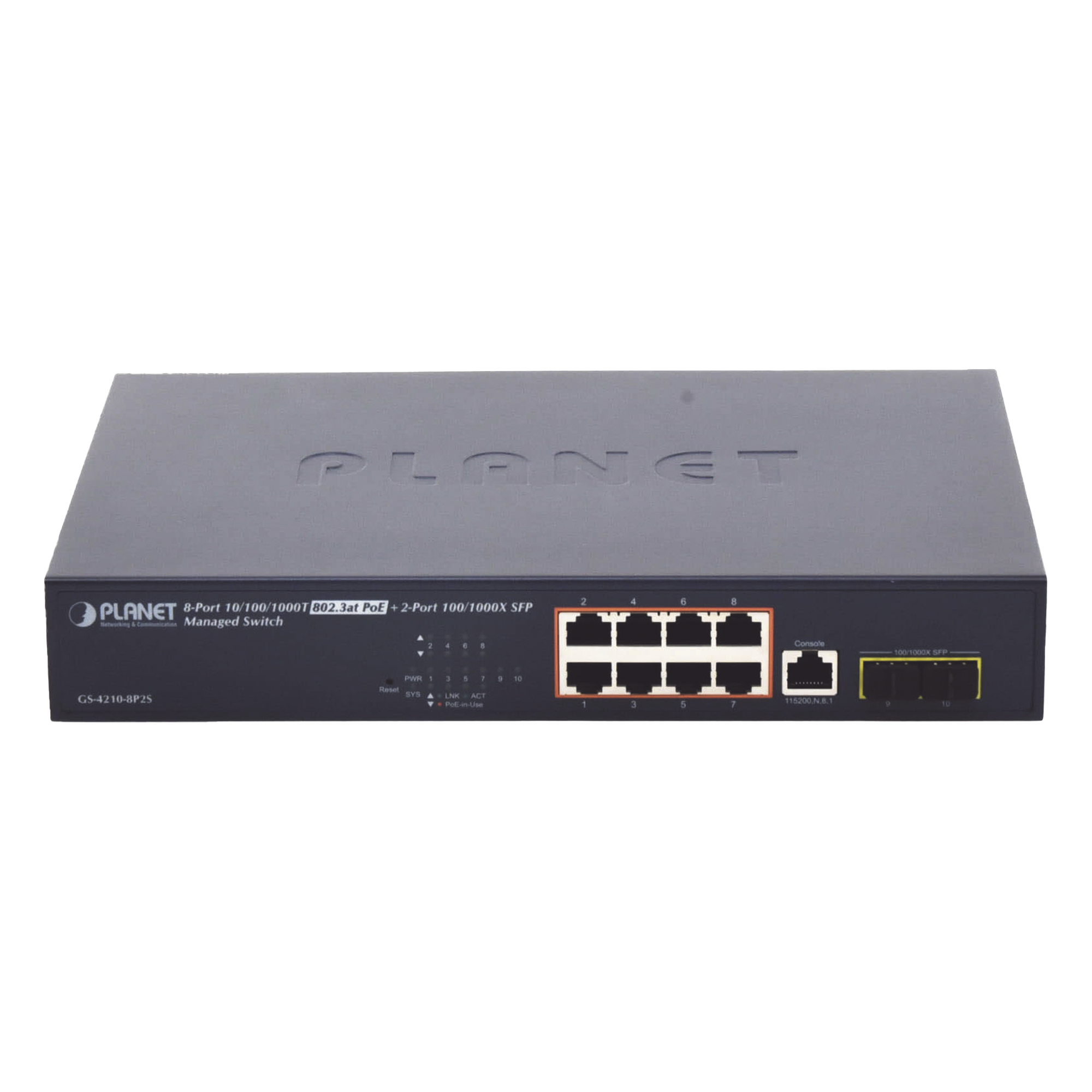 Switch Administrable Capa 2, 8 Puertos PoE 802.3af/at Gigabit, 140 W Max, 2 Puertos SFP, Modo Extendido Hasta 250 m, Soporta Administración en Nube CloudNMS ( HW Rev. 3.0 en Adelante).  — PLANET · SKU GS-4210-8P2S