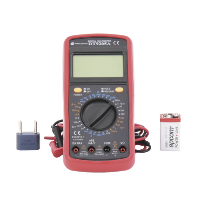 KIT Multímetro Digital DT9205A 600 Vcc / Vca CATII, con Pantalla LCD. Incluye Batería ER-9V de 9V