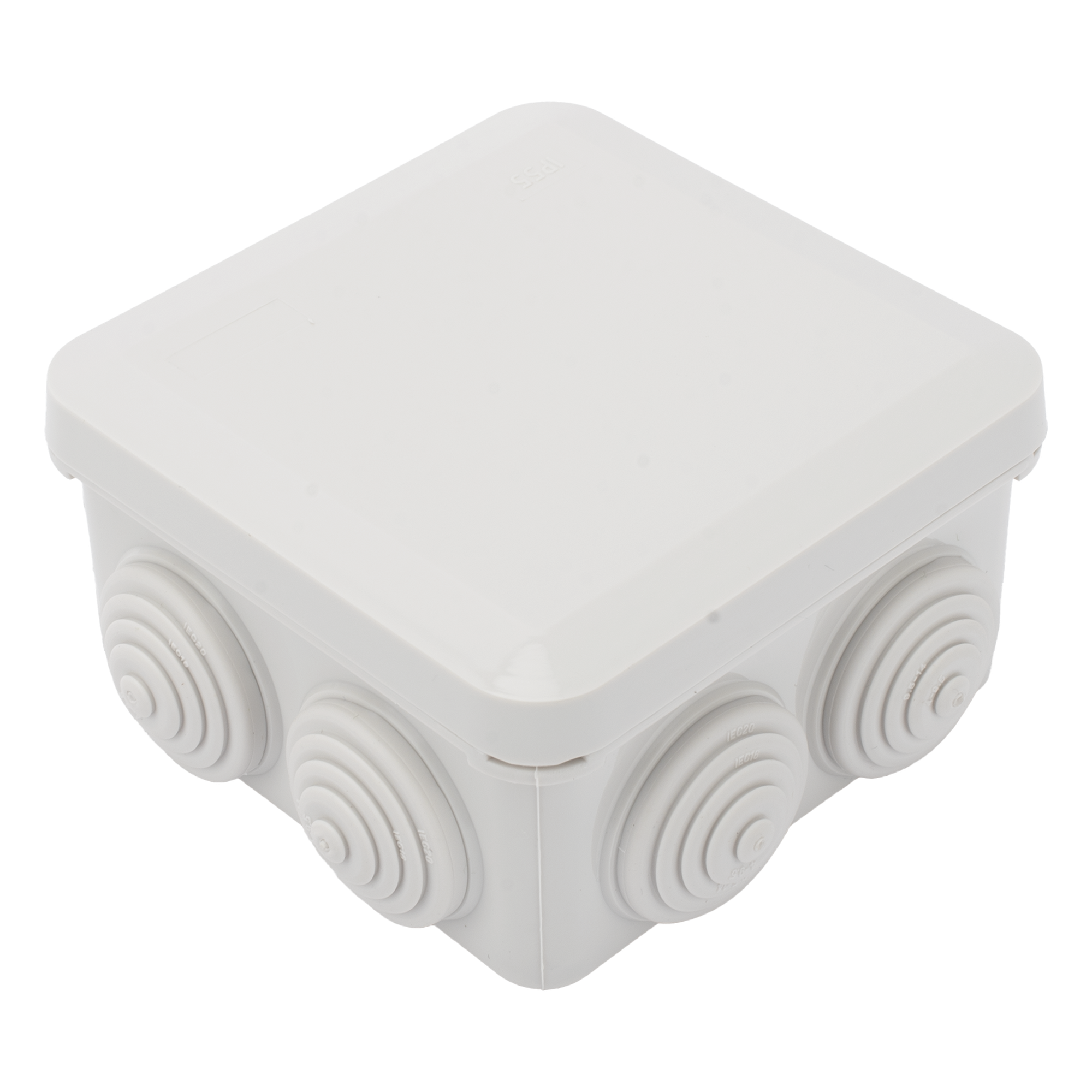 Caja Estanca, Derivación, Conexión de Plástico (89 X 89 X 50 mm) con 7 Glándulas de Goma. Para Instalaciones Comerciales, Residenciales e Industriales. Cerrado a Presión. — PRECISION · SKU PST-0808-ER