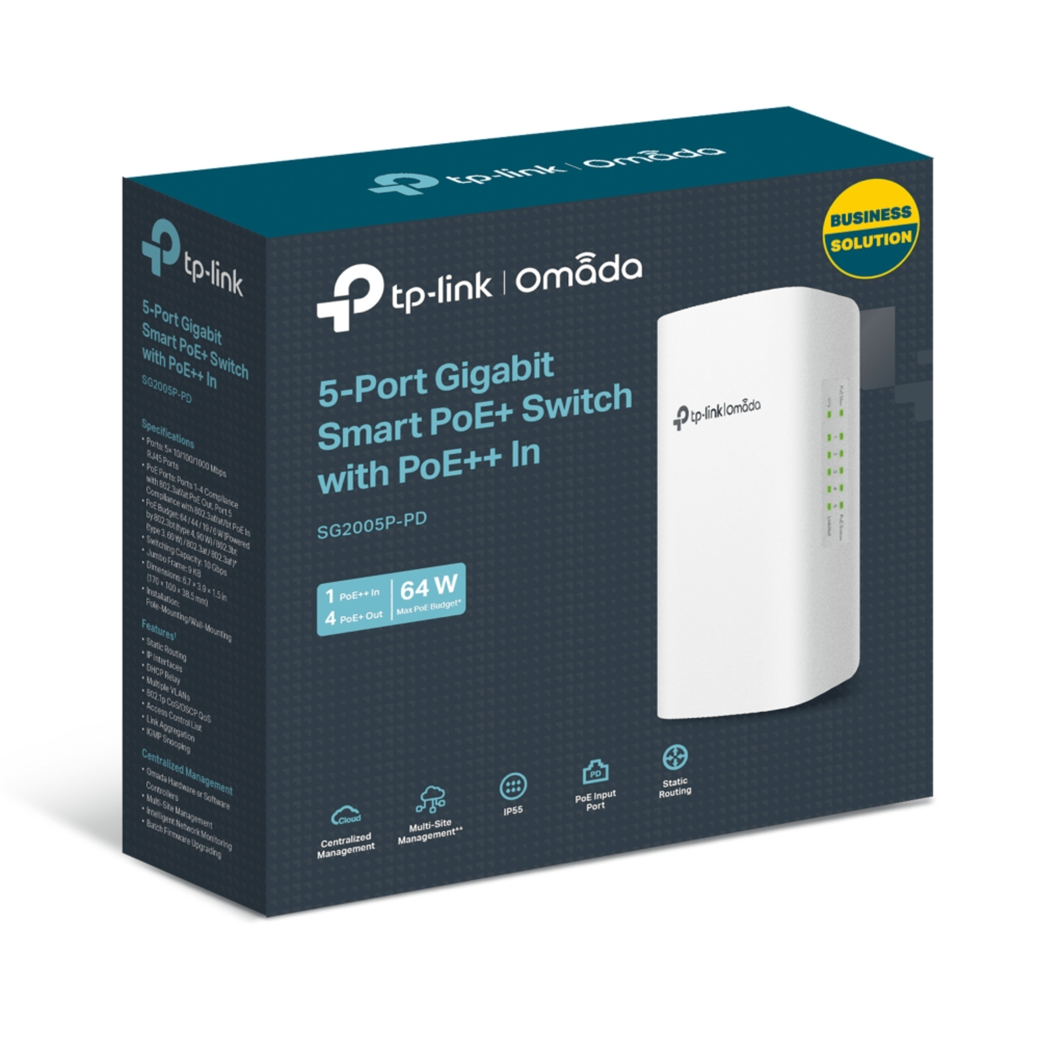 Switch PoE Omada Para Exterior / 1 Puerto PoE++ IN 802.3 af/at/bt / 4 Puertos PoE+ OUT Gigabit / Adminstración Centralizada Omada