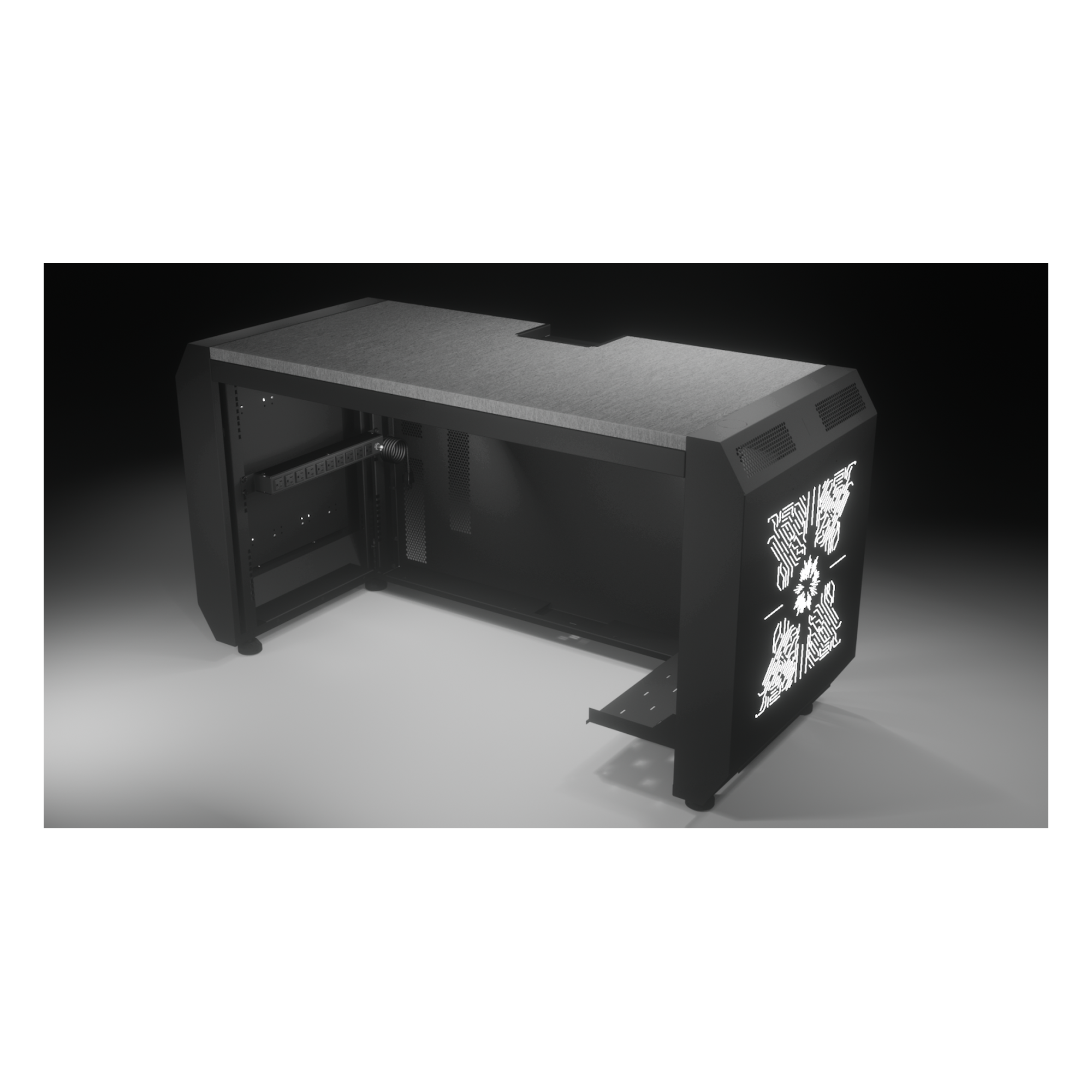 Consola Profesional para Monitoreo o Computo | Ranura para Base de Monitores | Microperforaciones | Luces LED Decorativas | Tomacorriente HTCM1U10C | Tapas Organizadoras de Cables | Niveladores | Rack para Montaje de Equipos | Ranura Pasaca — EPCOM INDUSTRIAL · SKU EMS03
