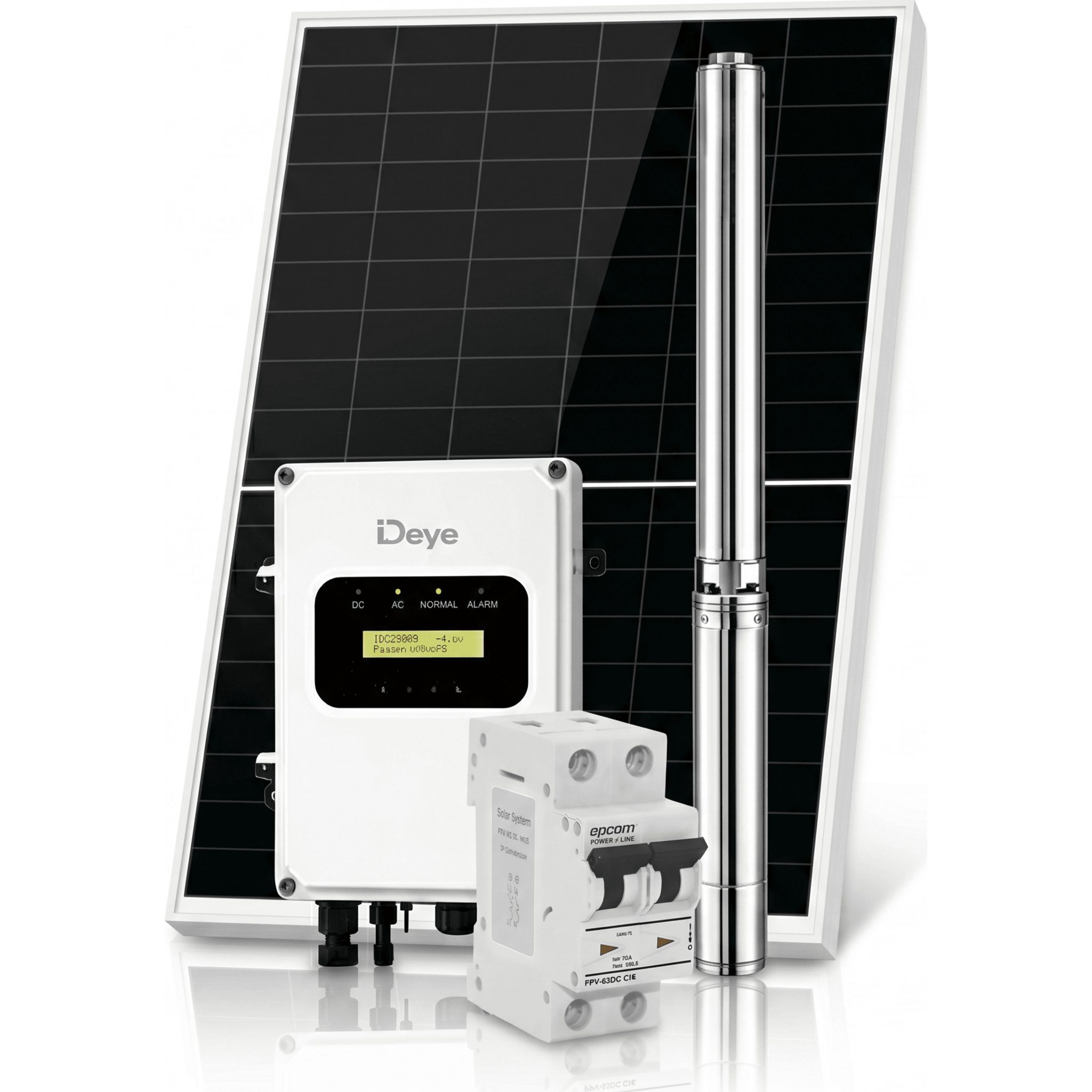 Kit de Bombeo Solar 1500W (1 HP) / Bomba Sumergible con Controlador Integrado 60-220V CD / 4 Módulos Solares 540W / Interruptor Termomagnético 2P 20A 800V CC / Protector de Descargas Atmosféricas / Gabinete IP66 — DEYE · SKU SP1500DCKIT