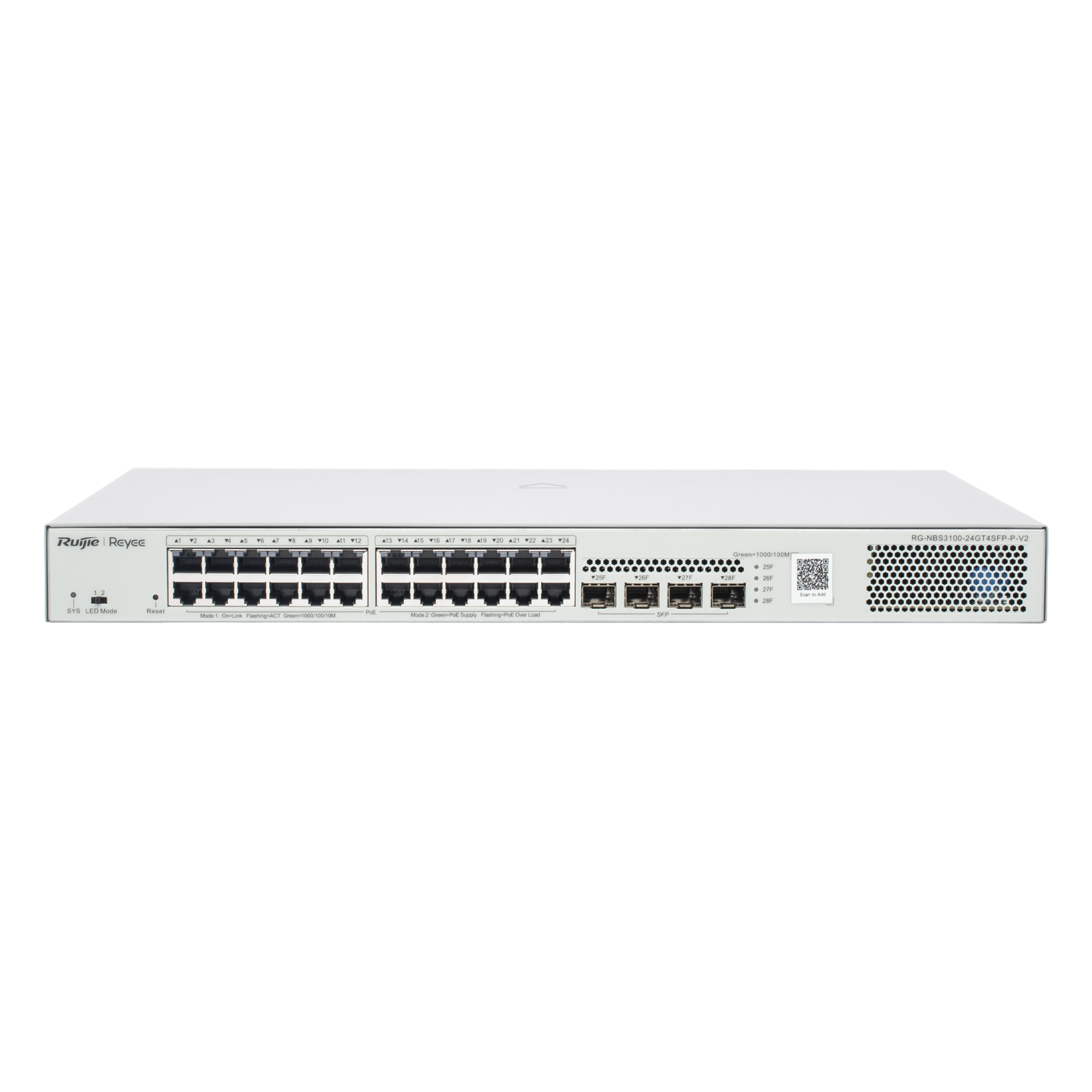 Switch Administrable L2 PoE+ / 24 Puertos Gigabit / 4 SFP Uplink 1G / 370W / Capacidad 56 Gbps / Protección 6 kV / 1U Rack — RUIJIE · SKU RG-NBS3100-24GT4SFP-P-V2