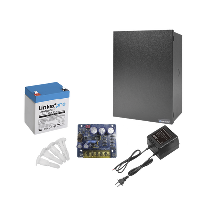 Kit con fuente PLB3 con salida de 12 Vcc a 4 Amper, incluye transformador y batería de 12 V a 5.5 Amper 