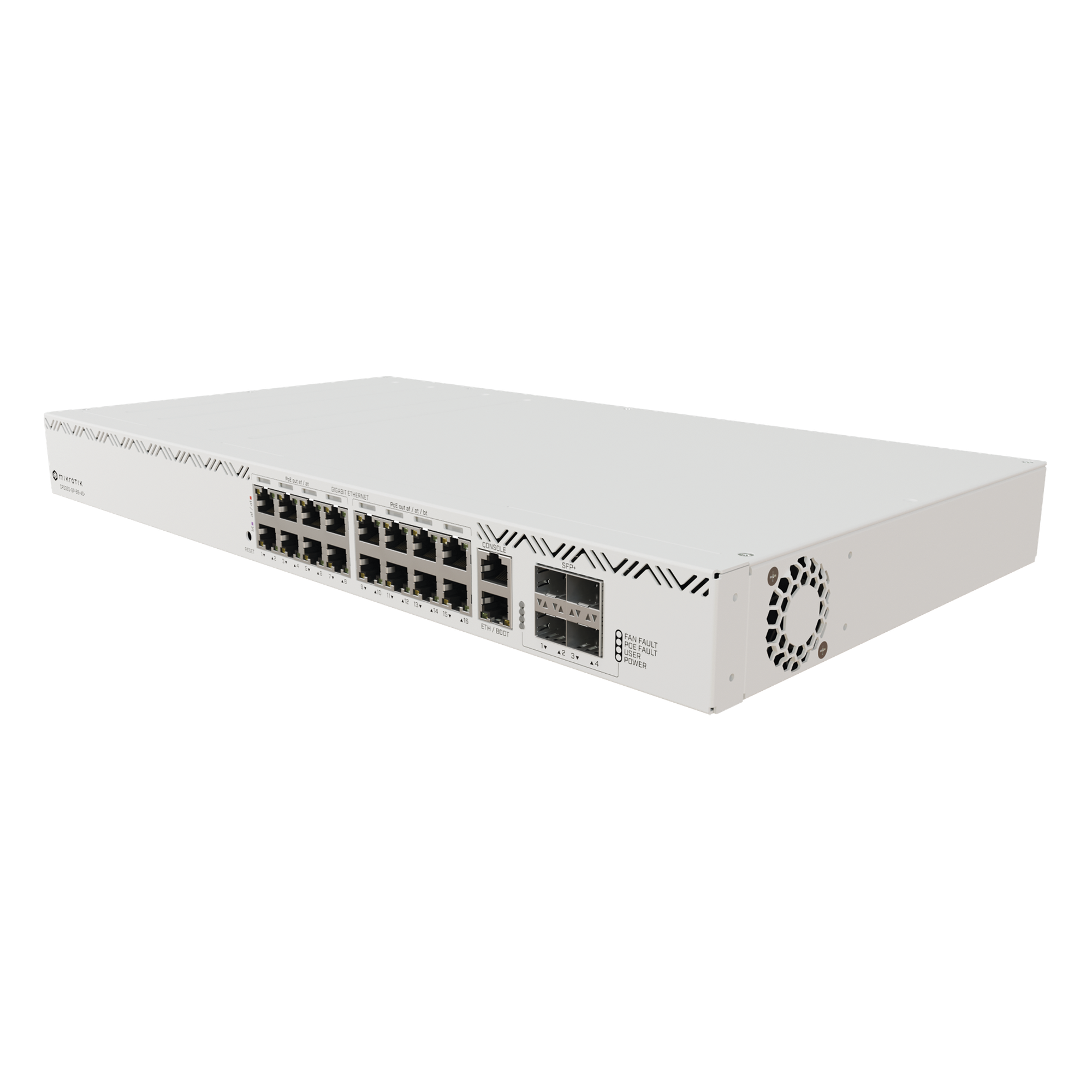 Cloud Router Switch 16 puertos, 8 PoE+ y 8 PoE++, Fuentes redundantes Hot-Swap — MIKROTIK · SKU CRS320-8P-8B-4S+RM