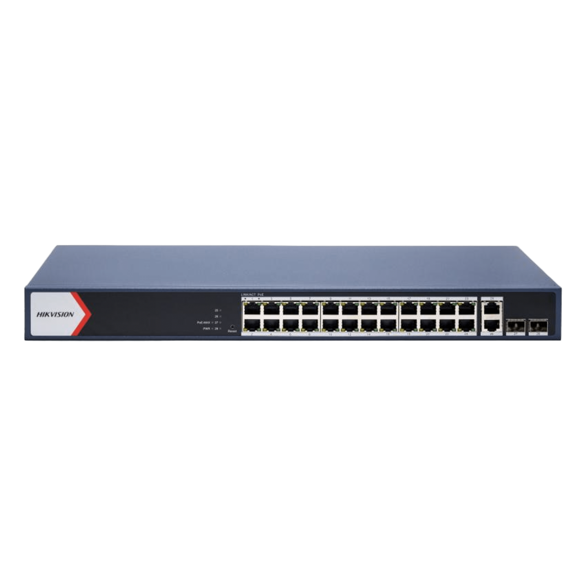 Switch PoE+ Administrable / 24 Puertos Gigabit PoE+ / 2 Puertos Gigabit Uplink / 2 Puertos SFP Uplink / 370 W / Alcance Extendido 300 m (984.3 ft) — HIKVISION · SKU DS-3E1528P-EI