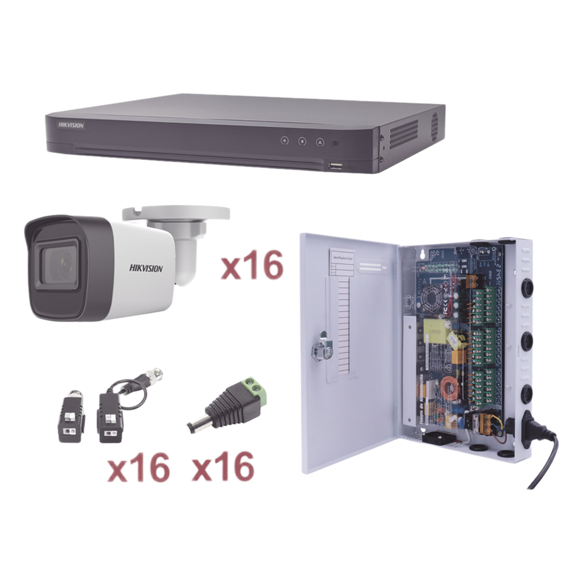 KIT TurboHD 1080p / DVR 16 Canales / 16 Cámaras Bala (exterior 2.8 mm) / Transceptores / Conectores / Fuente de Poder Profesional — HIKVISION · SKU KH1080P16BW