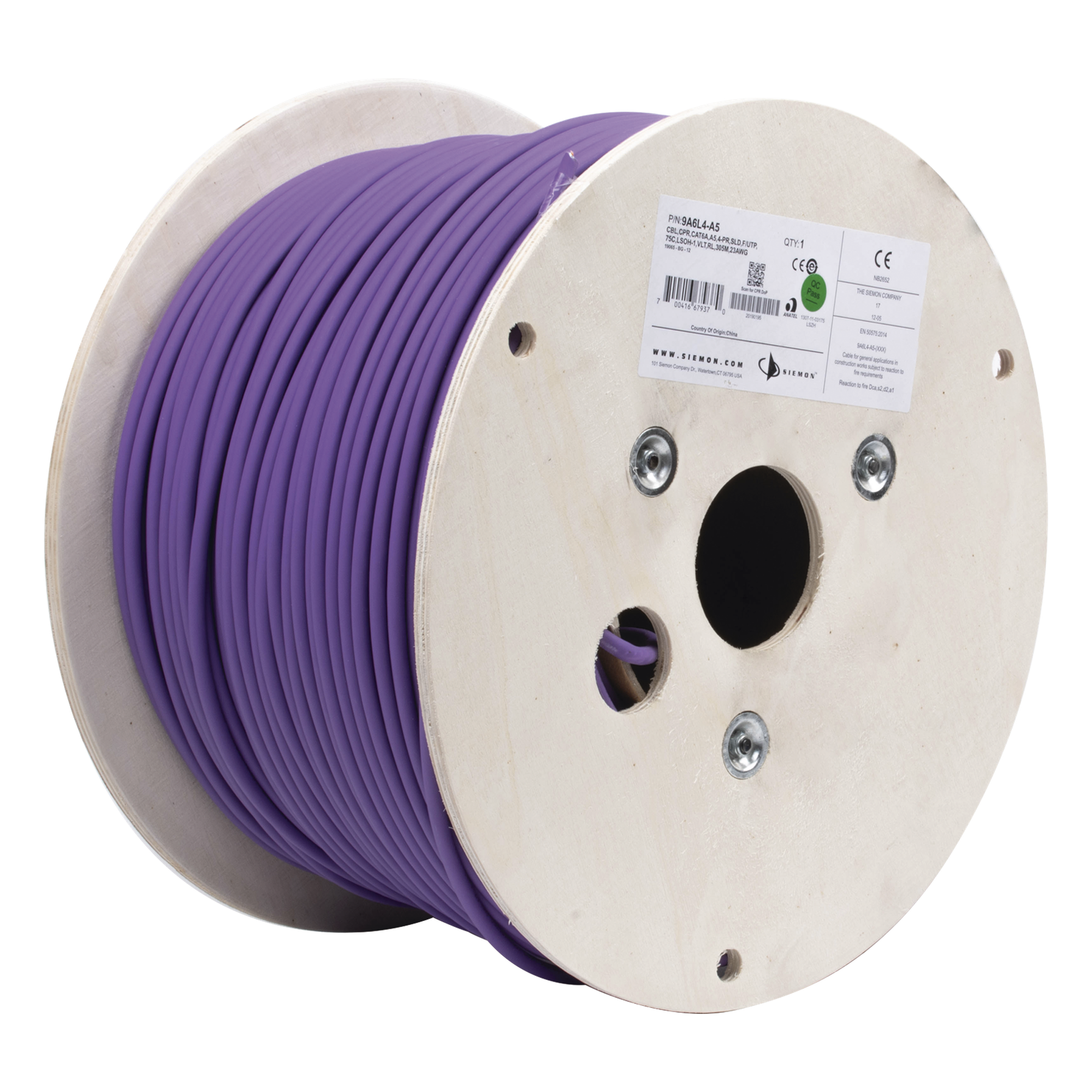Bobina de Cable Blindado F/UTP de 4 Pares, Z-MAX, Cat6A, Soporte de Aplicaciones 10GBase-T, LS0H (Libre de Gases Toxicos), Color Violeta, 305 Metros (1000 Pies) — SIEMON · SKU 9A6L4-A5