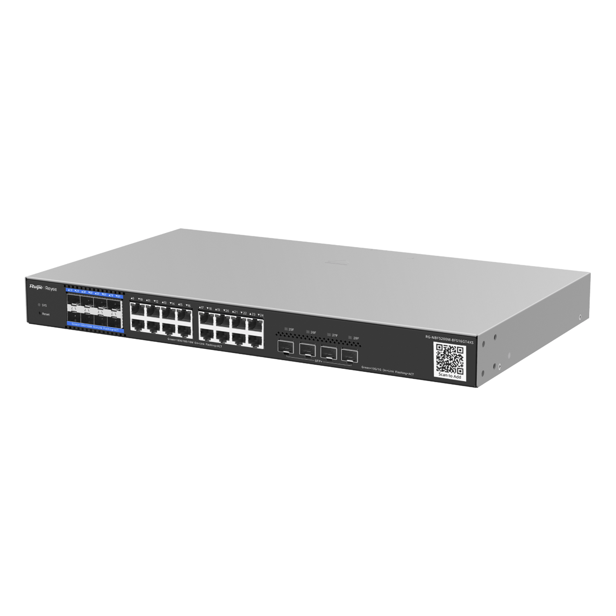 e-Lighten OLT / Switch Hibrido, Capa 3 con 8 Puertos PON 1G, 16  Puertos Ethernet 1G y 4 Puertos SFP+ 10G, perfecto para migrar a Soluciones de Fibra PON hasta 256 ONUs — RUIJIE · SKU RG-NBF5200M-8FS16GT4XS