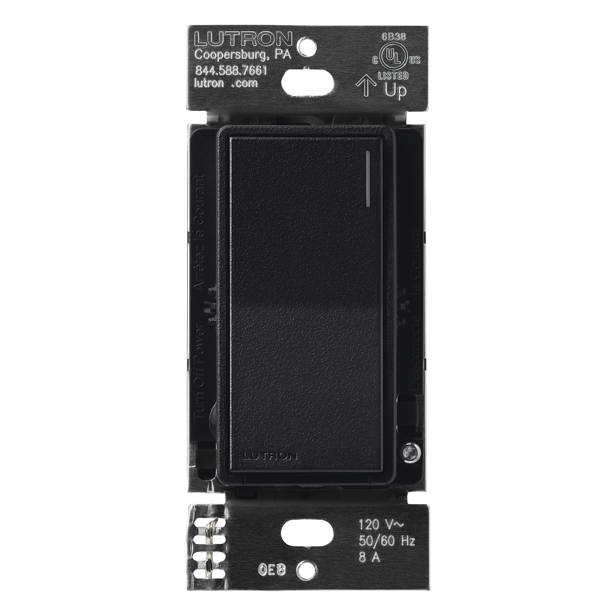 Apagador electrónico Sunnata de encendido y apagado, 8 A en iluminación y motores de 1/4 HP a 120 V, requiere neutro, color negro Midnight satinado, para sistema RadioRA 3 — LUTRON RADIORA 3 · SKU RRST8ANSMN