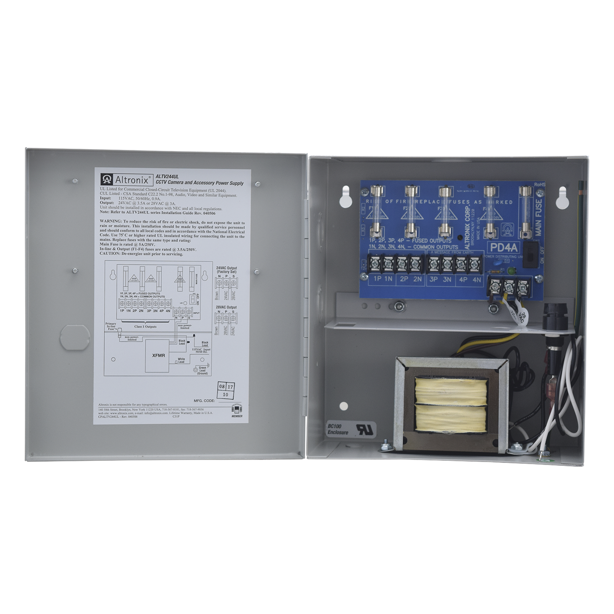 Fuente de poder ALTRONIX de 24 Vca @ 3.5 Amper o 28 Vca @ 3.0 Amper, para 4 cámaras, Con voltaje de entrada de 115 Vca, · SKU AL-TV244-UL