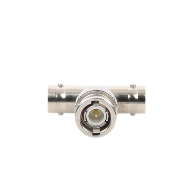 Adaptador en T para 50 Ohm de BNC Macho a Doble BNC Hembra, Troquelado, Níquel/ Oro/ Delrin.