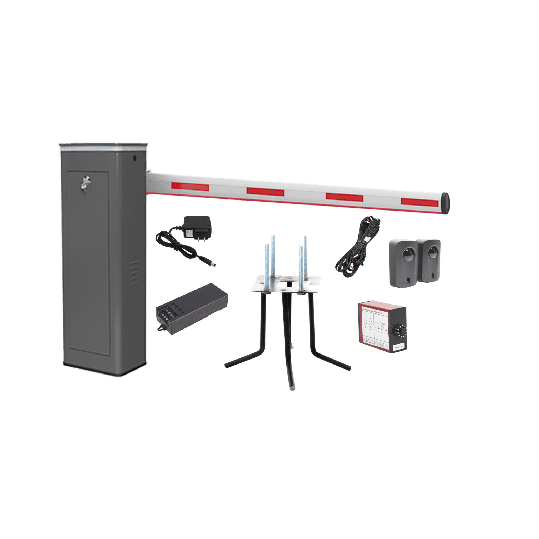 Kit COMPLETO Barrera Derecha XBS Con Corona LED / Brazo Iluminado de 5M / Incluye Sensor de Masa, Transformador, Lazo Magnético, Ancla, Fotoceldas y 2 Controles Inalámbricos — ACCESSPRO · SKU KIT-XBS-3R-LED