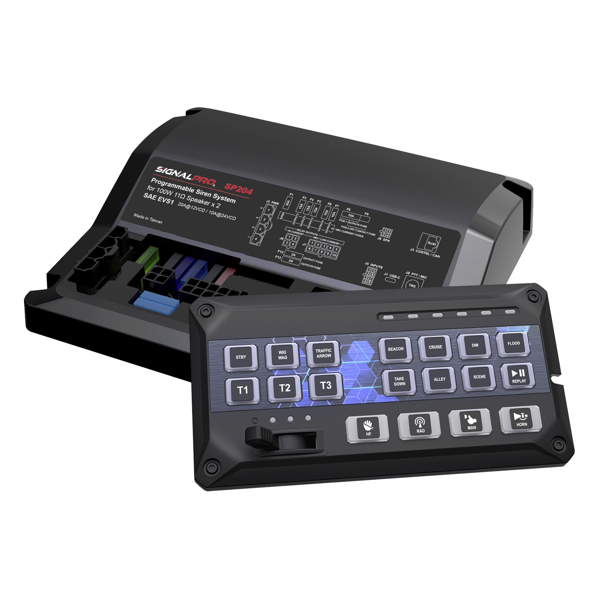 Sirena Vehicular de 200W de Potencia, Con Controlador de Panel Deslizante de 19 botones, indicador de flecha de tráfico de 6 LED, 12 Salidas Auxiliares — SIGNALPRO · SKU SP204R