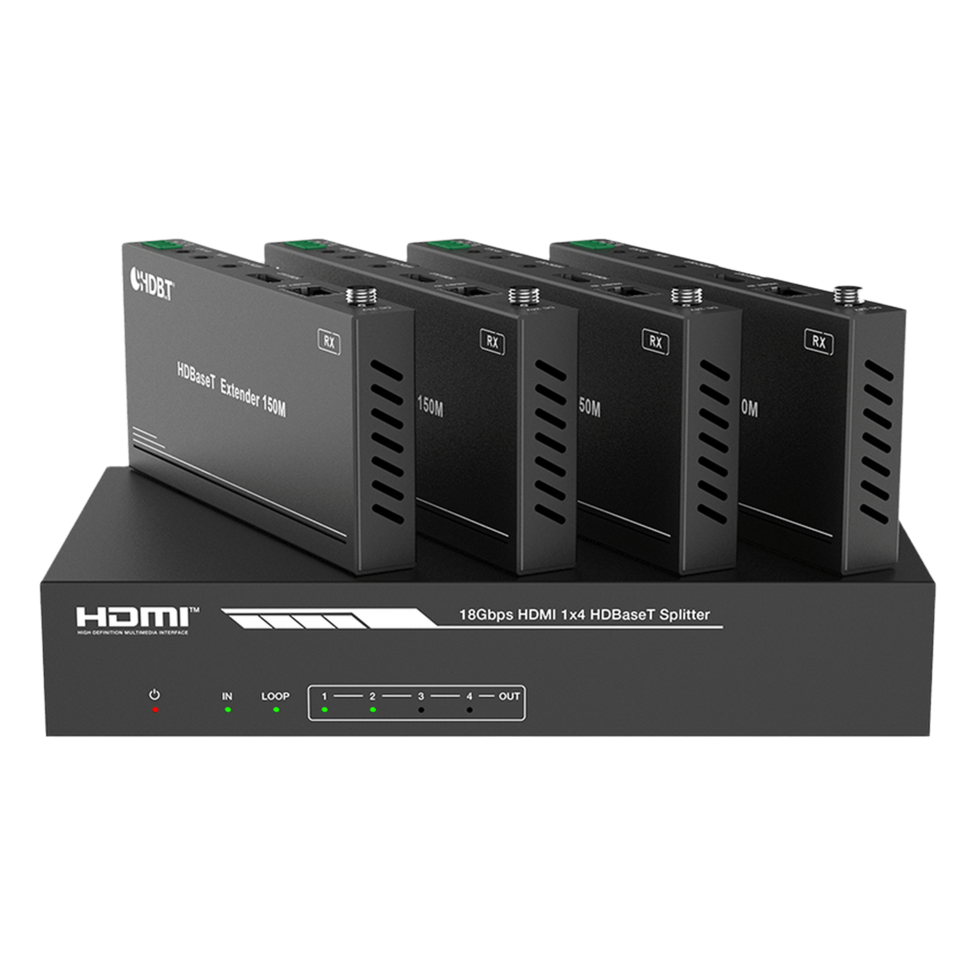 Splitter mas Extensor de Video | 1x4 | ProAV | HDBaseT™ | 120m en 4K@60Hz | 150m en 1080p@60Hz | Cat6/6a/7 | Gestión Avanzada EDID | Control IR y RS232 | PoC | Salida de Audio — EPCOM PROAUDIO · SKU EPP-SPB14H150