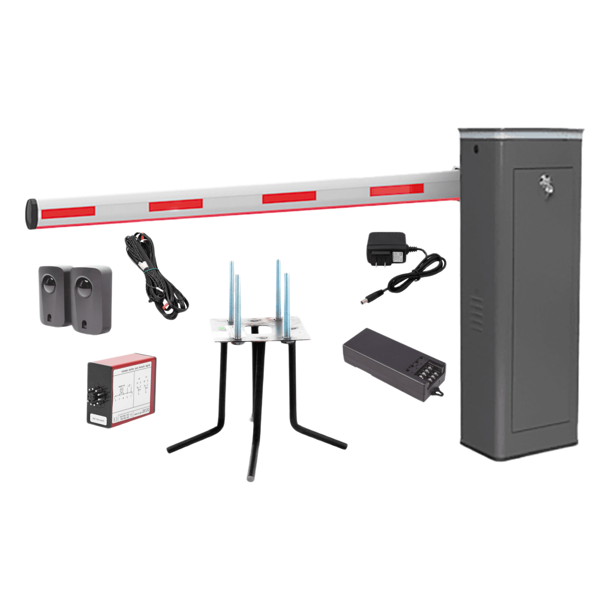Kit COMPLETO Barrera Izquierda XBS Con Corona LED / Brazo Iluminado de 5M / Incluye Sensor de Masa, Transformador, Lazo Magnético, Ancla, Fotoceldas y 2 Controles Inalámbricos — ACCESSPRO · SKU KIT-XBS-3L-LED