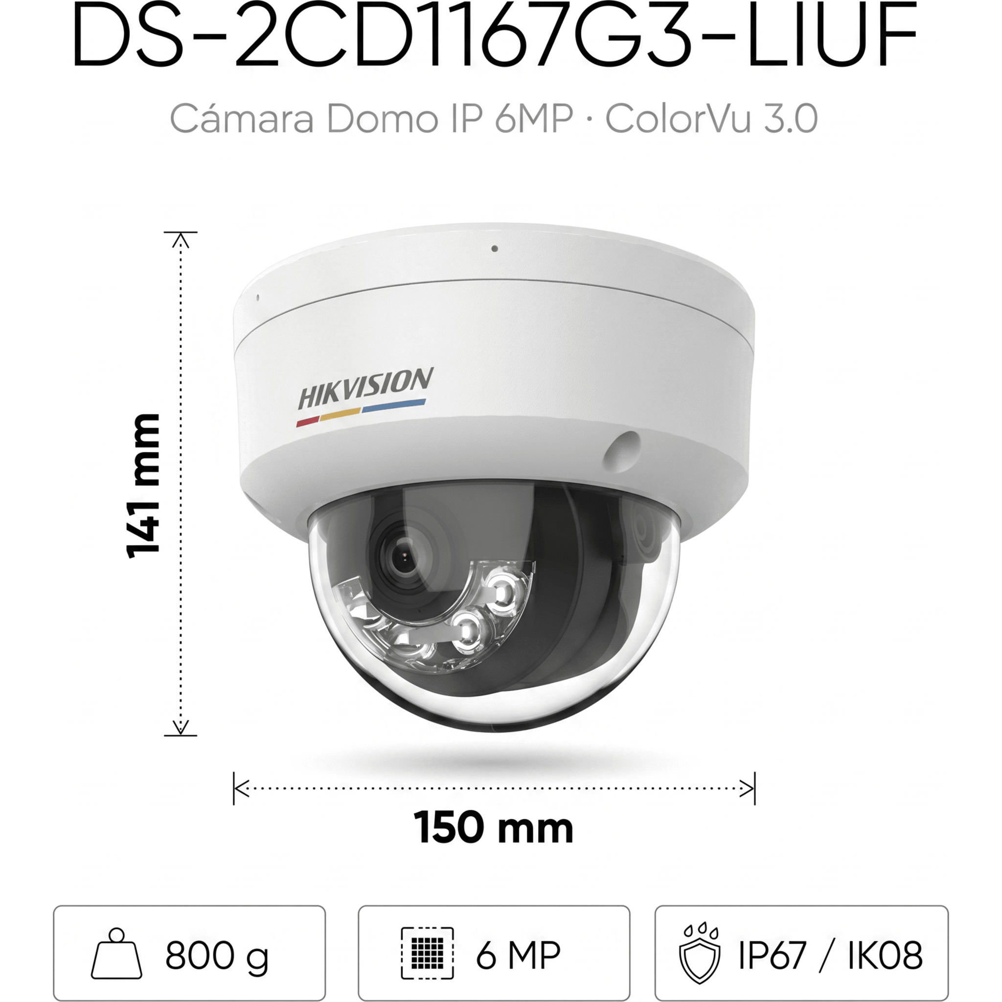 [ColorVu 3.0 + MD 3.0] Domo IP 6 Megapixel / Lente 2.8 mm / 30 mts IR + 30 mts Luz Blanca / Micrófono Integrado / Motion Detection 3.0 / Exterior IP67 / IK08 / dWDR / PoE / Micro SD