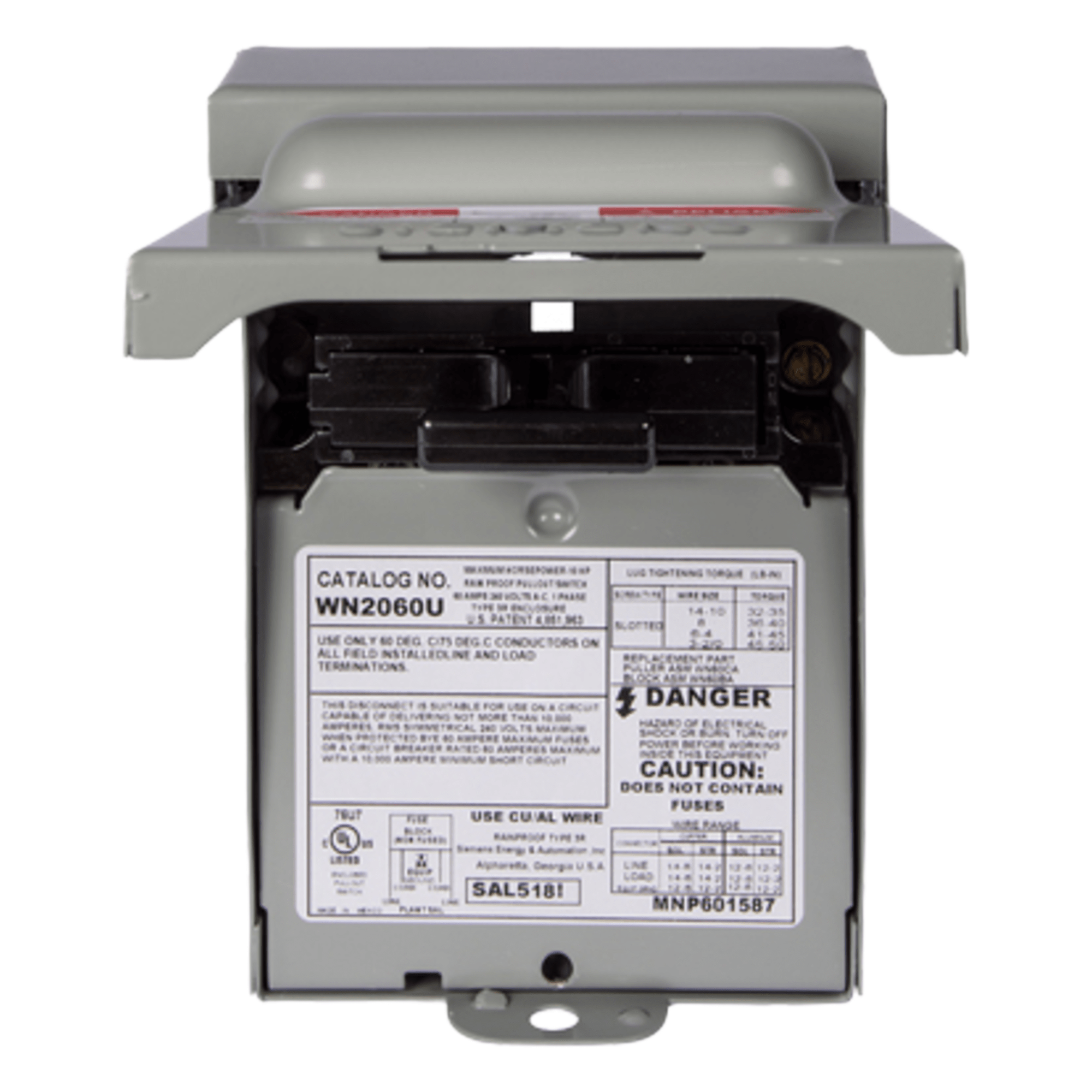  Interruptor de seguridad 2x60Amp. Nema 3R, Sin Portafusible — SIEMENS · SKU WN2060U