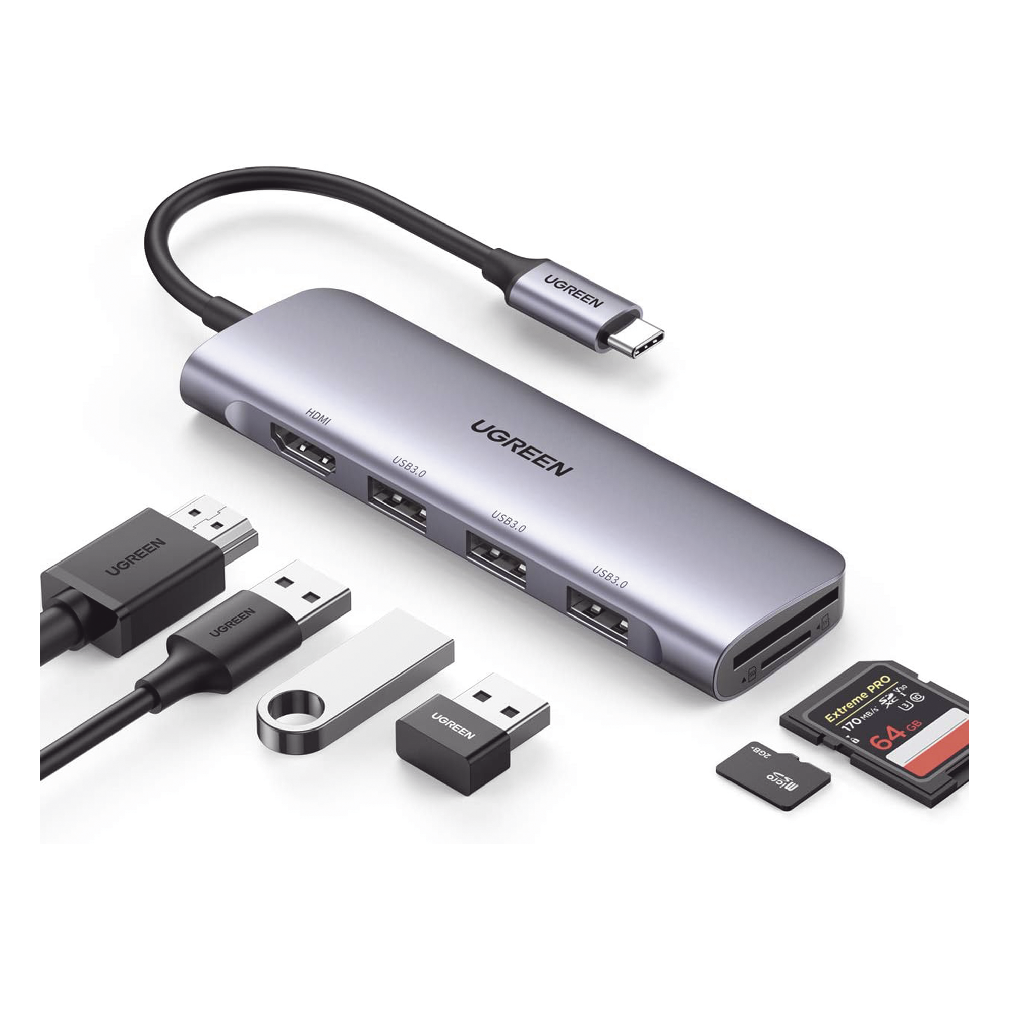 HUB USB-C (Docking Station) 6 en 1 | HDMI 4K@30Hz | 3 Puertos USB 3.0 | Lector Tarjeta SD + Micro SD (TF) Uso Simultáneo | Chip de Última Generación | Potente Disipación de Calor | Caja de Aluminio. — UGREEN · SKU 20956A
