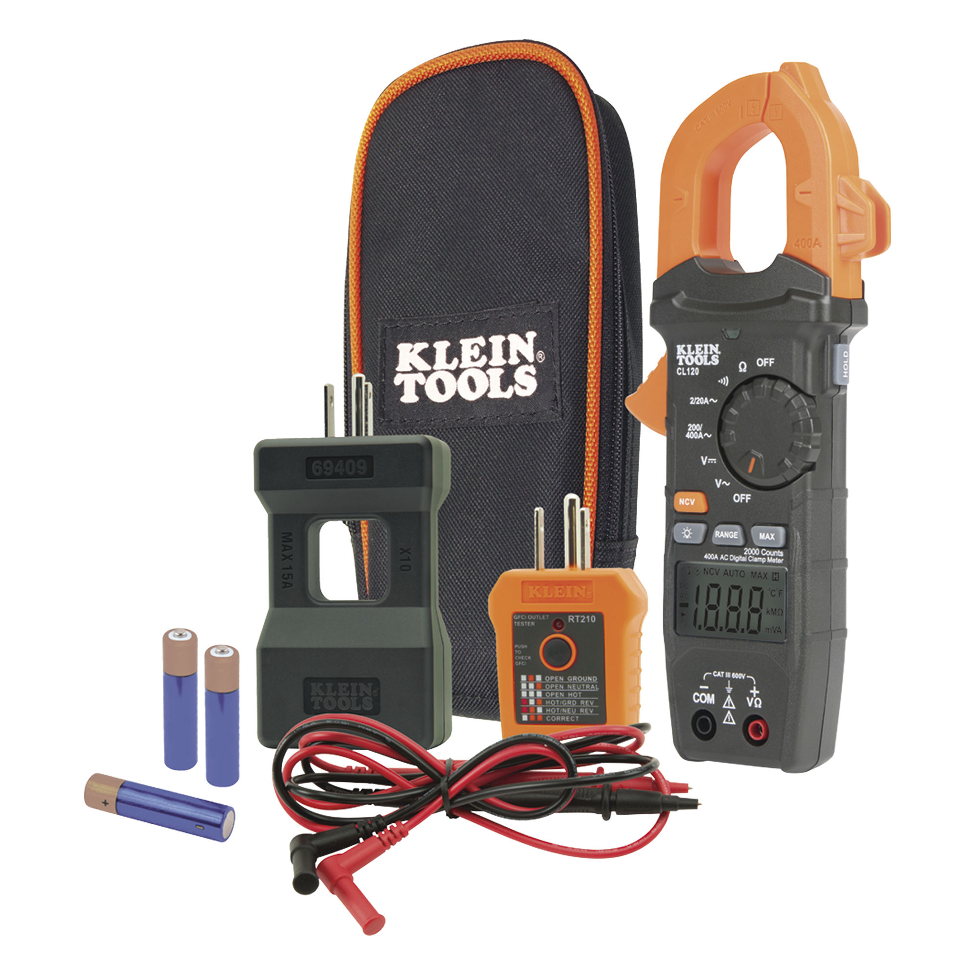 Kit de Amperímetro de Gancho (400A CA) con Probador de Fase y Divisor (para medir corriente sin cortar el cable). — KLEIN TOOLS · SKU CL-120-KIT