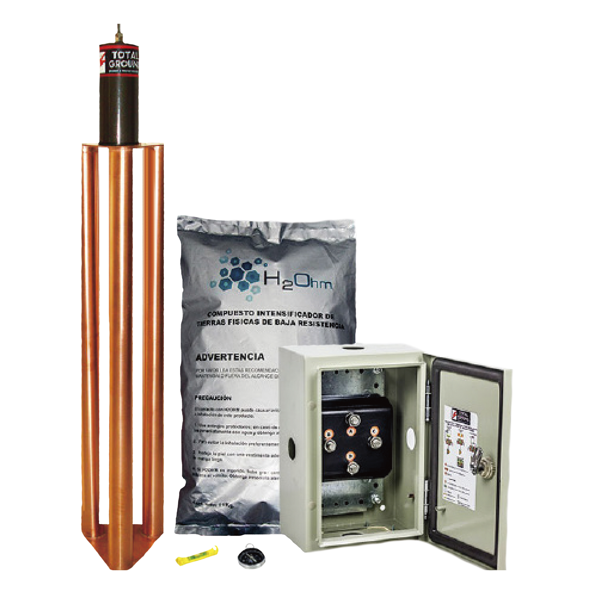 Kit de puesta a tierra de 100 Amperes con Electrodo, Filtro, Acoplador y Compuesto H2Ohm. — TOTAL GROUND · SKU TG-100K