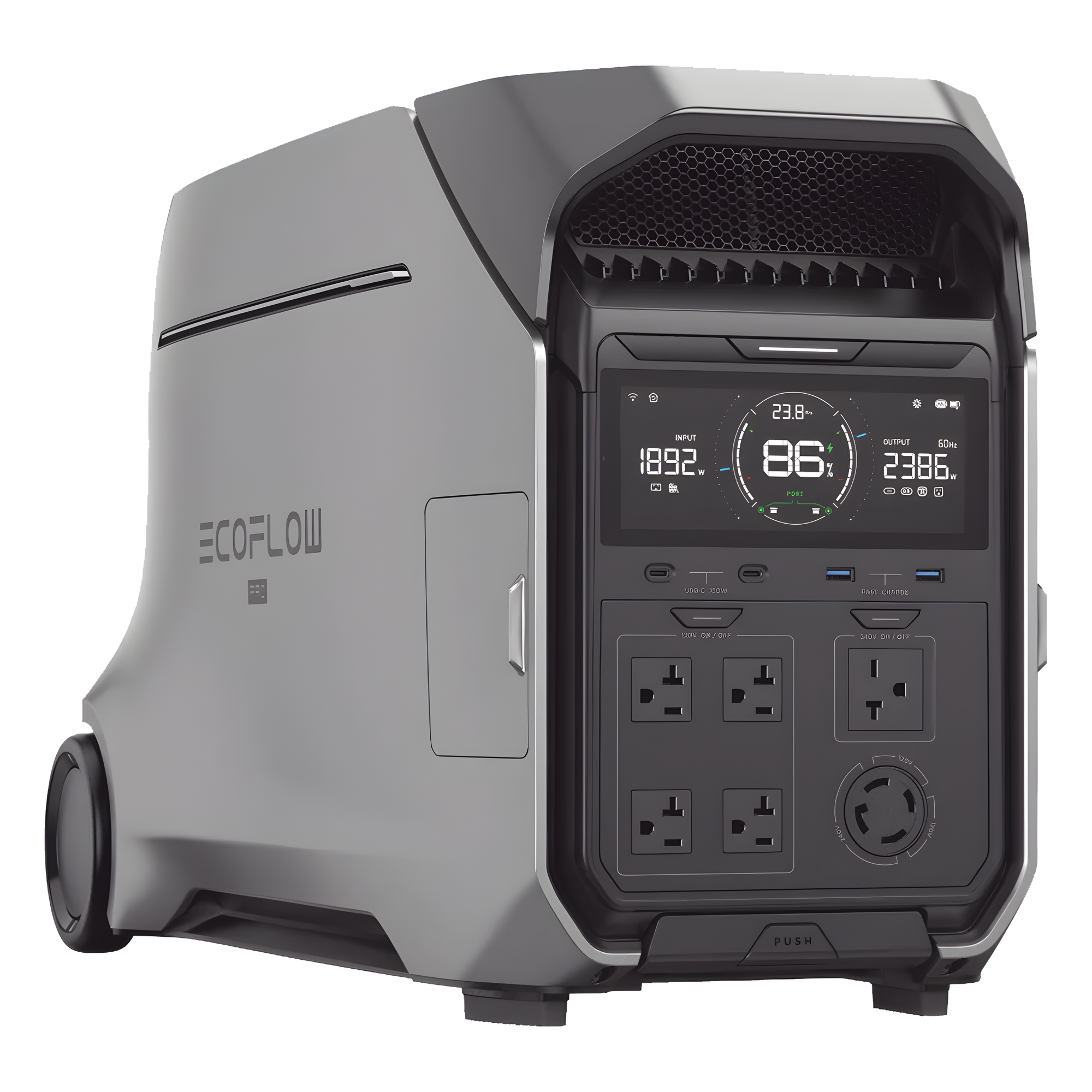 Estación de Energía Portátil DELTA PRO3 / 4096Wh Litio LFP / 5 AC 4000W (8000W Pico) / 2 USB-C 100W / Capacidad para Aumentar Respaldo / Cargador de Coche 10A a 12.6V / Conectividad WiFi y Bluetooth (App) / Carga Solar 2600W Max. (2 P — ECOFLOW · SKU EFD521