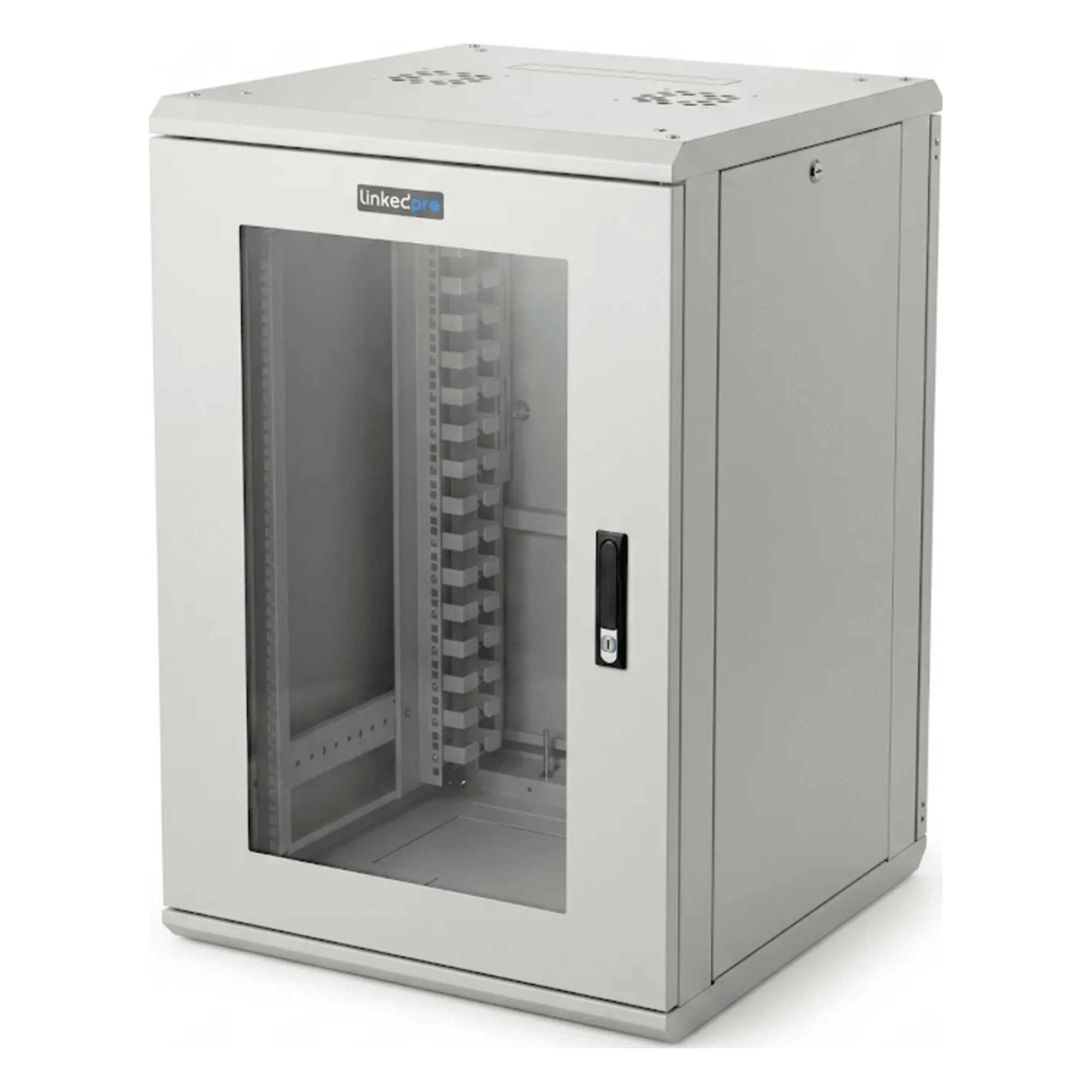 Gabinete Rackeable / 18 Unidades / 19 Pulgadas / Puerta de Cristal / Capacidad de Carga 750 Kg / Dimensiones 600x605x930 mm (23.6x23.8x36.6 in) — LINKEDPRO · SKU LES-60-60-18UGW