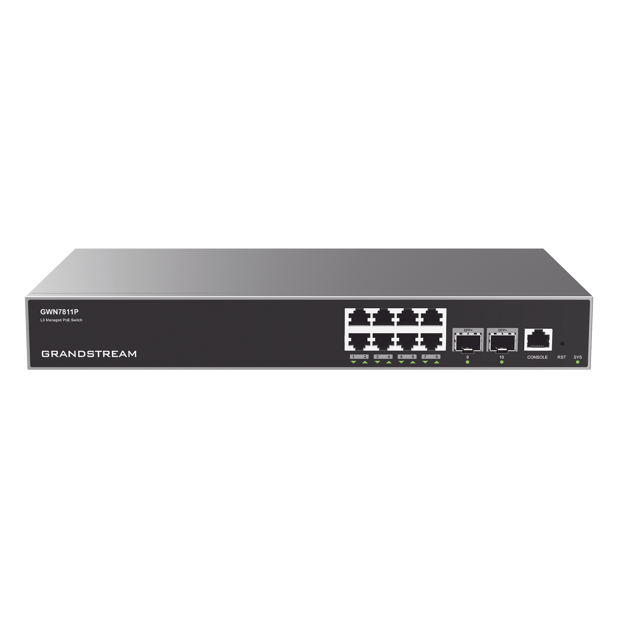 Switch Capa 3 PoE+ Administrable / 8 puertos 10/100/1000 Mbps + 2 Puertos SFP+ de 10 Gigabits / Hasta 120W / Compatible con GWN Cloud. — GRANDSTREAM · SKU GWN7811P