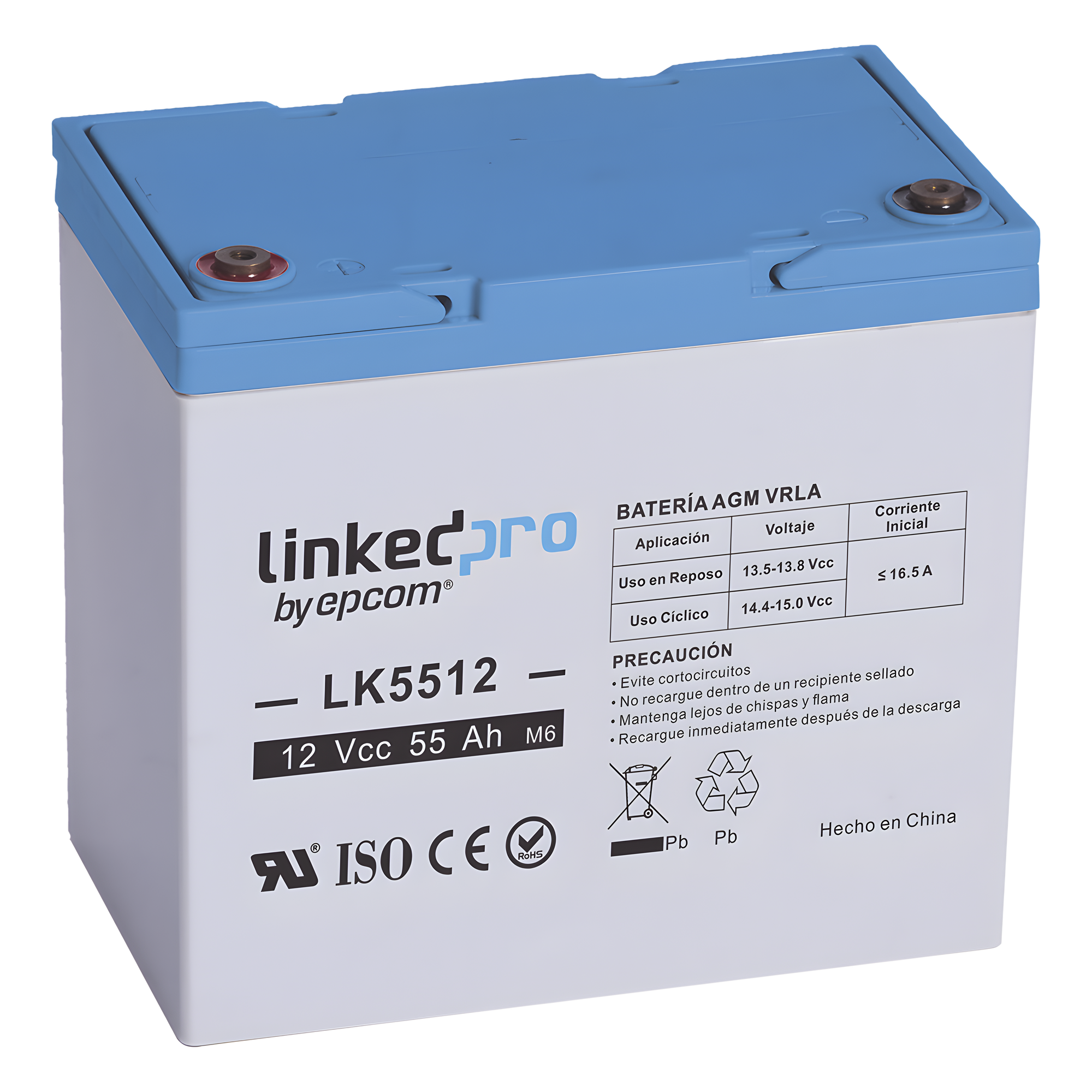 Batería de respaldo 12 V | 55 Ah | AGM | Especial para Seguridad Electrónica | UPS | Sistemas de Emergencia | Vida útil 5 años | Terminales T2 — LINKEDPRO BY EPCOM · SKU LK5512