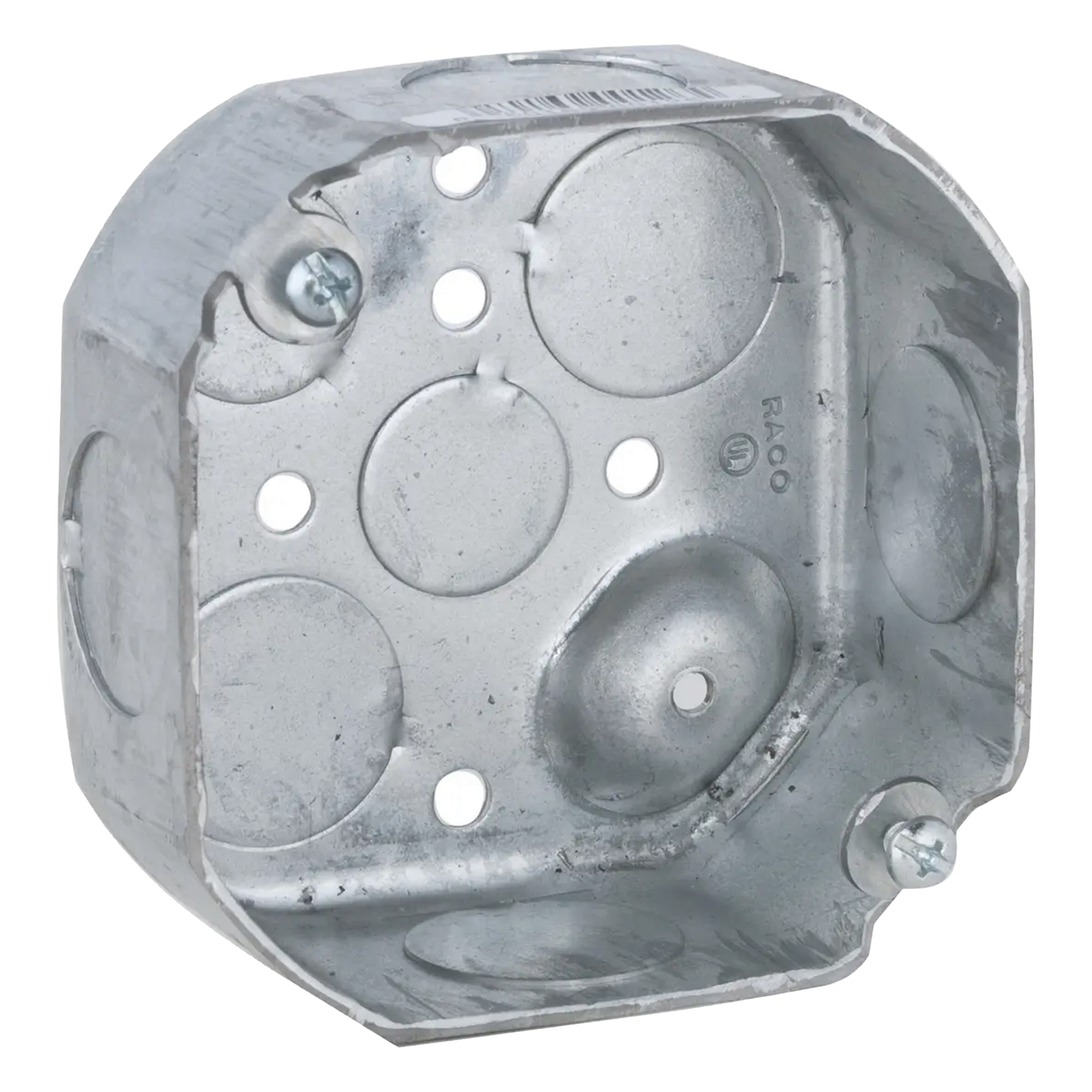 Caja Octagonal de 4" / Profundidad 1 1/2" / 4 Entradas de 3/4" y 4 Entradas de 1/2" / Troquelada. — RACO · SKU HUB-127